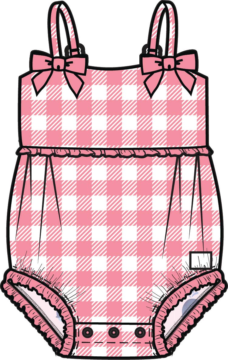 Baby Girls Bubblegum Gingham One Piece Bow Bubble Romper Swimsuit with Signature Rear Ruffles