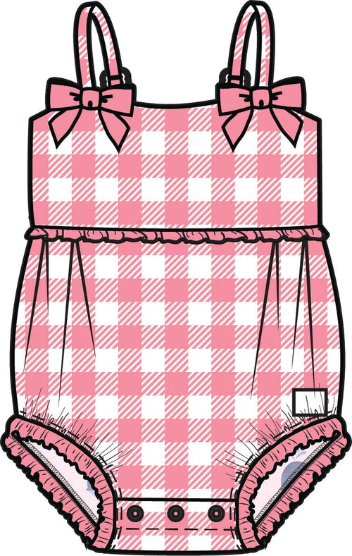 Baby Girls Bubblegum Gingham One Piece Bow Bubble Romper Swimsuit with Signature Rear Ruffles