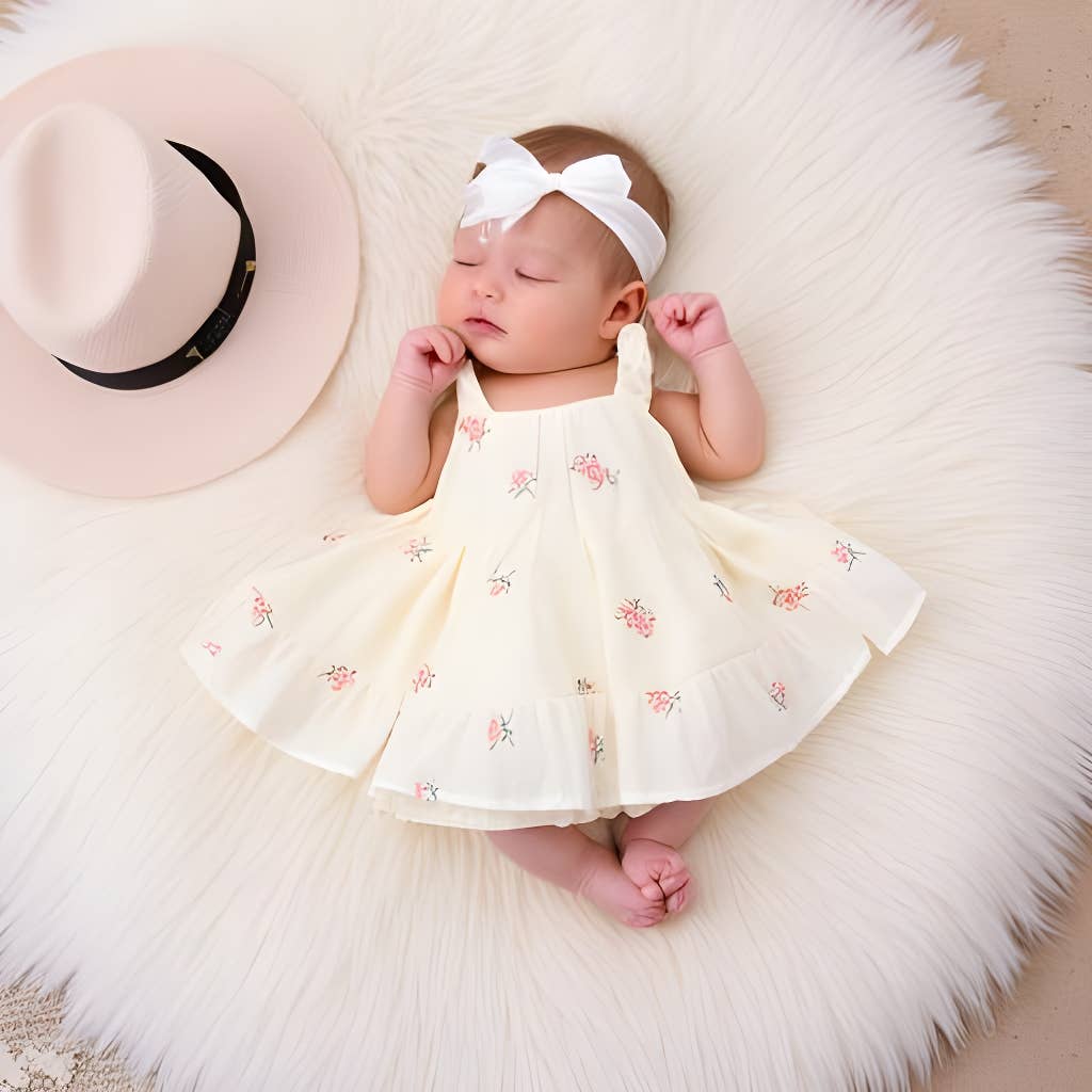 Baby Girls Birthday Ivory Dress with Peach Embroider Flowers