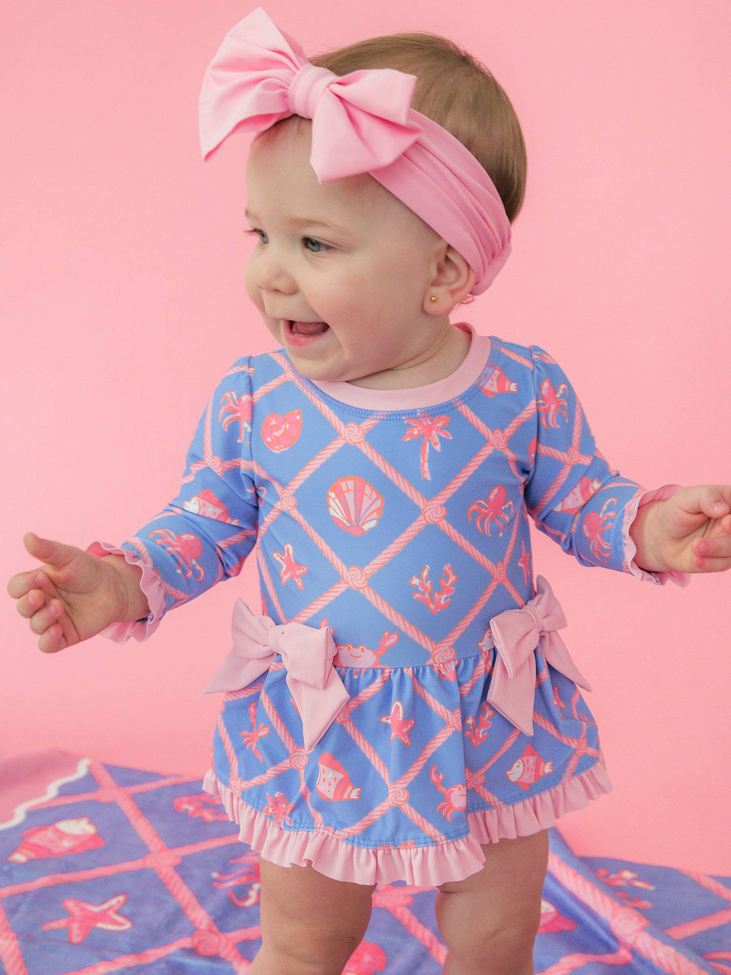 Baby Girls Tropical Trellis Long Sleeve One Piece Bow Peplum Rash Guard Swimsuit with Signature Rear Ruffles