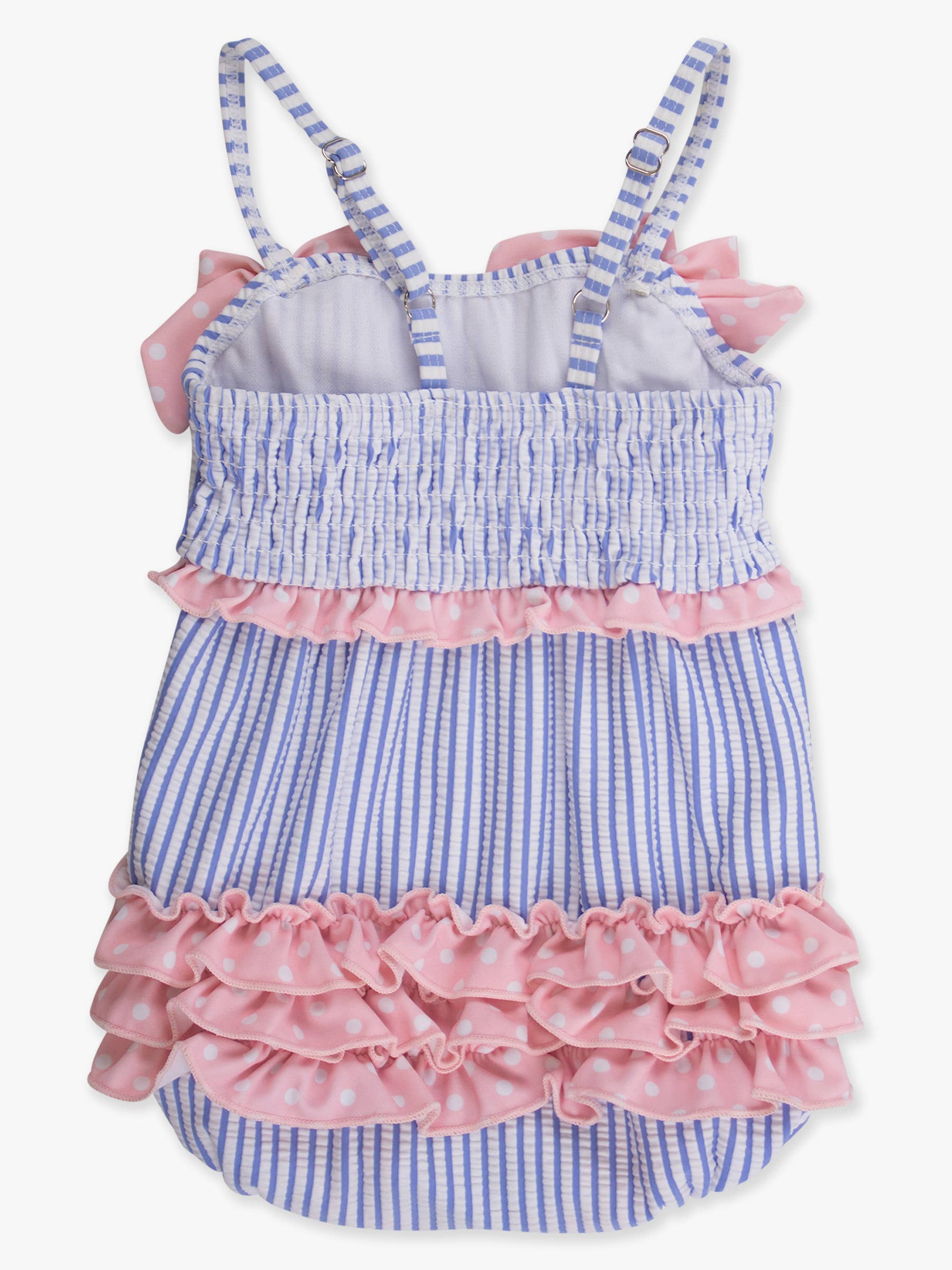 Baby Girls Periwinkle Blue Seersucker One Piece Bow Bubble Romper Swimsuit with Signature Rear Ruffles
