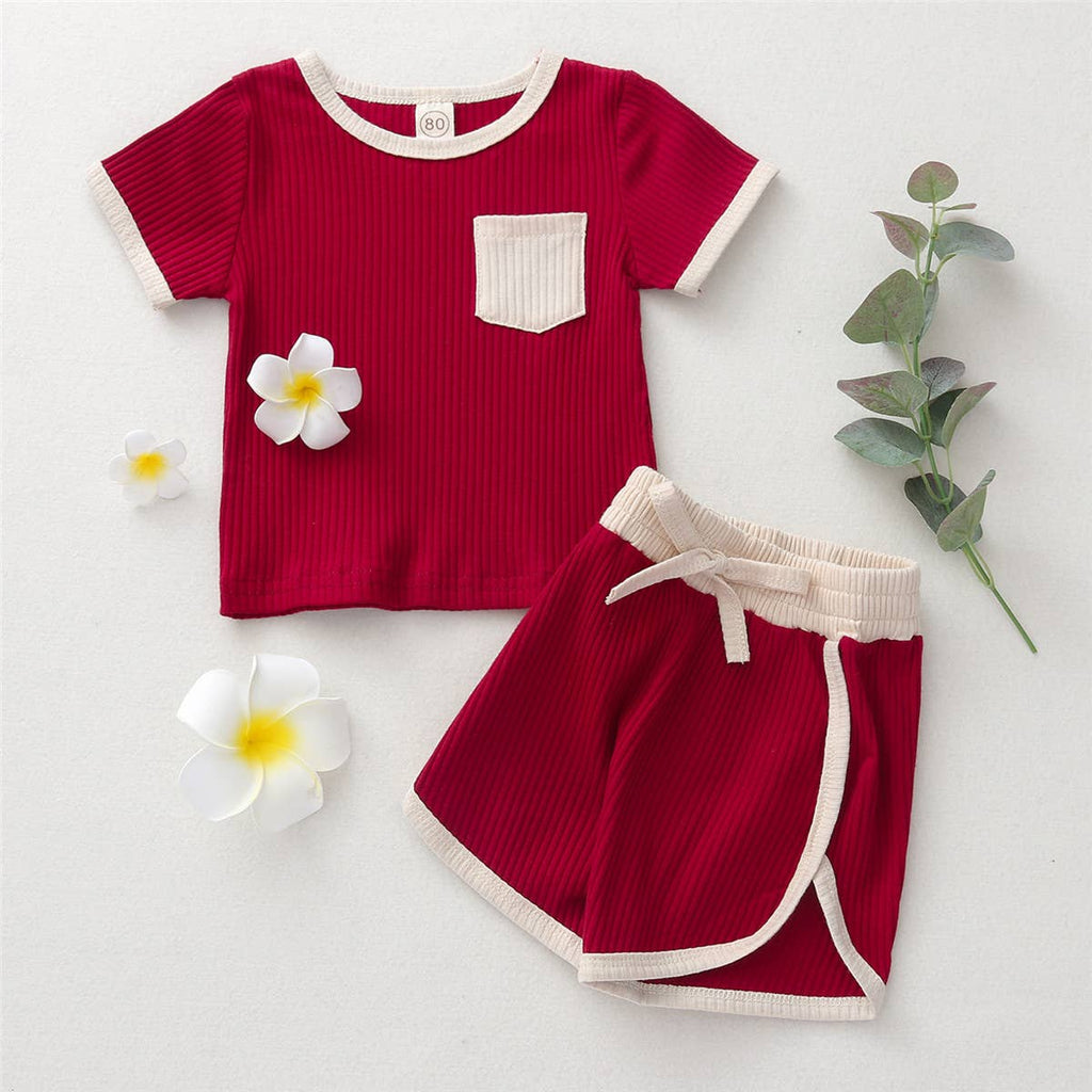 Contrast Binding Top & Shorts 2pcs Little Kid Outfit