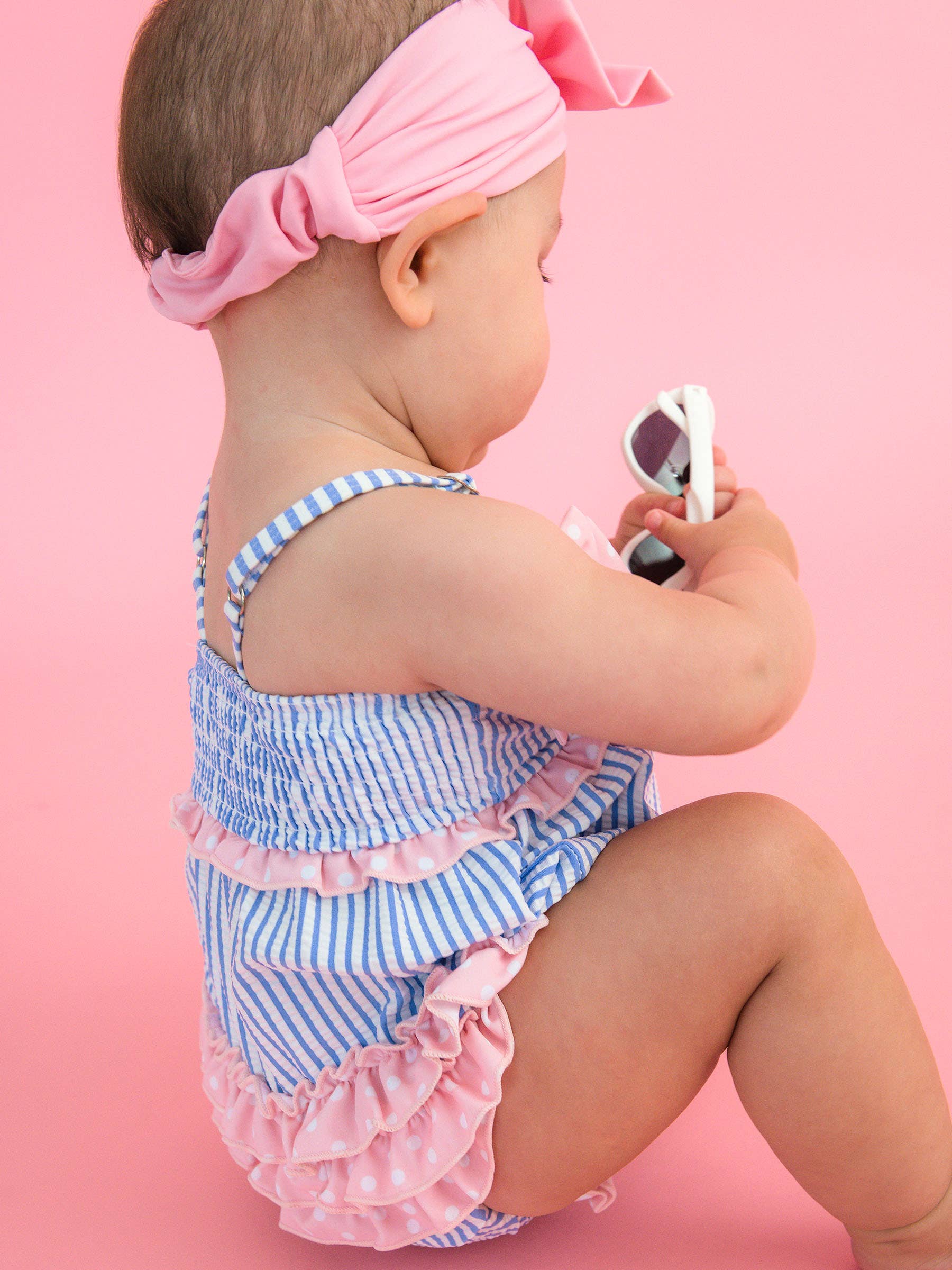 Baby Girls Periwinkle Blue Seersucker One Piece Bow Bubble Romper Swimsuit with Signature Rear Ruffles