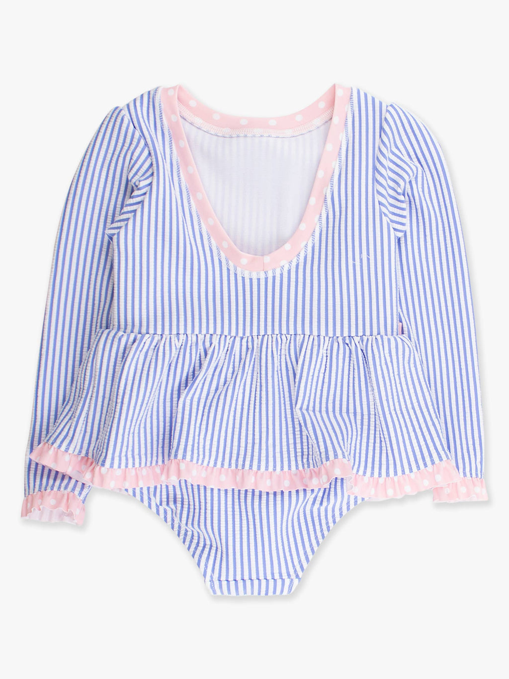 Girls Periwinkle Blue Seersucker Long Sleeve One Piece Bow Peplum Rash Guard Swimsuit