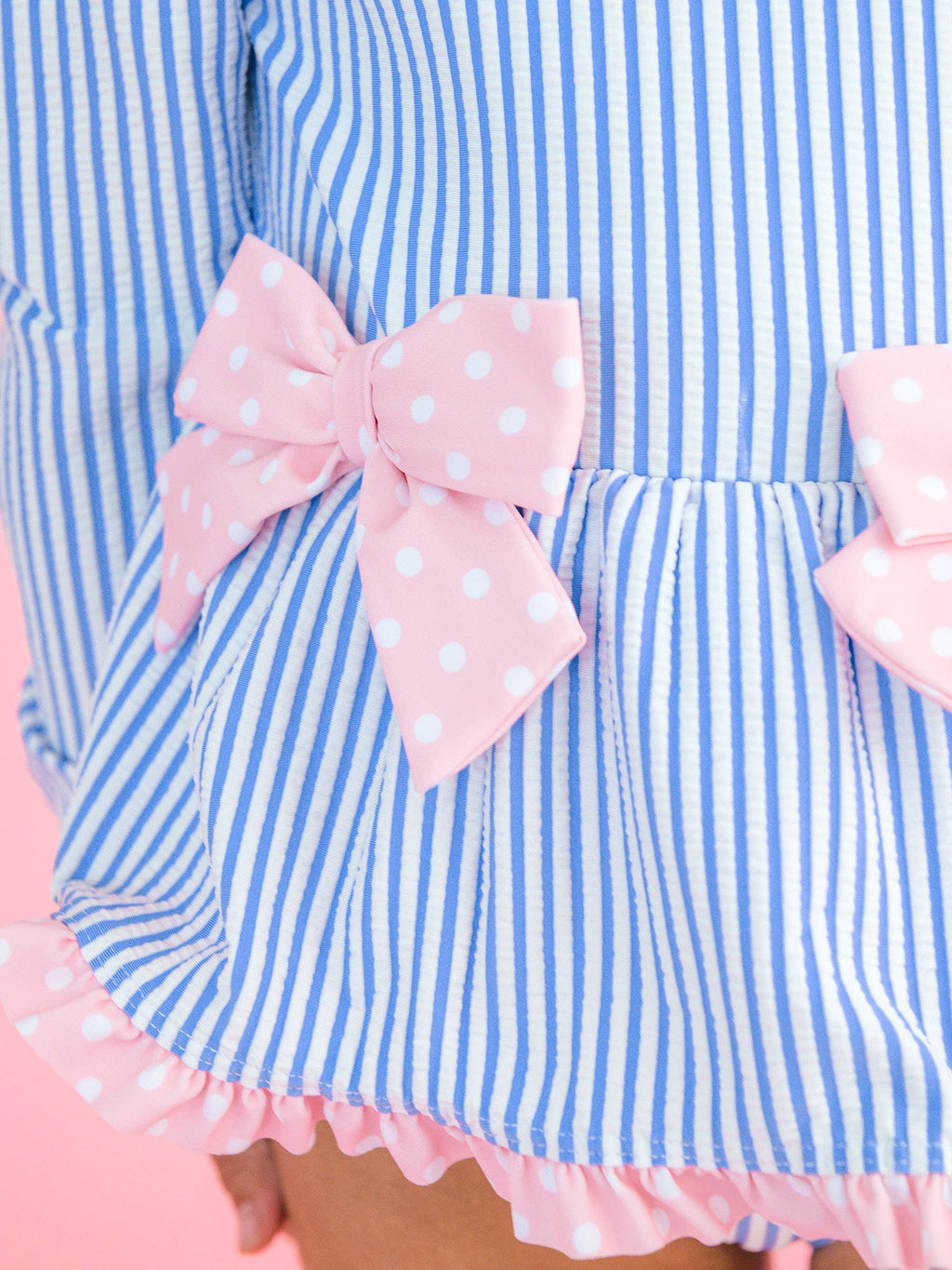 Girls Periwinkle Blue Seersucker Long Sleeve One Piece Bow Peplum Rash Guard Swimsuit