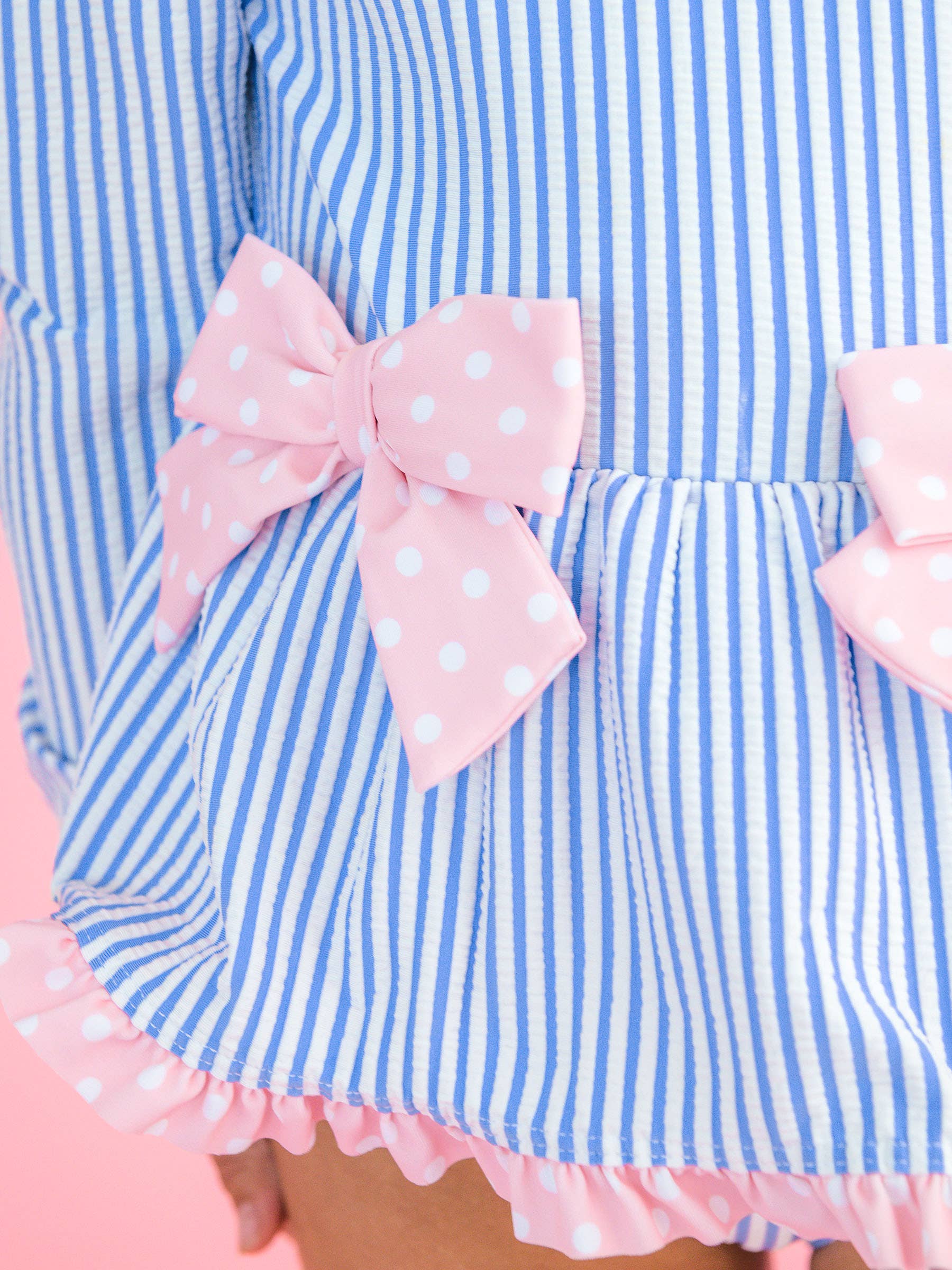 Girls Periwinkle Blue Seersucker Long Sleeve One Piece Bow Peplum Rash Guard Swimsuit