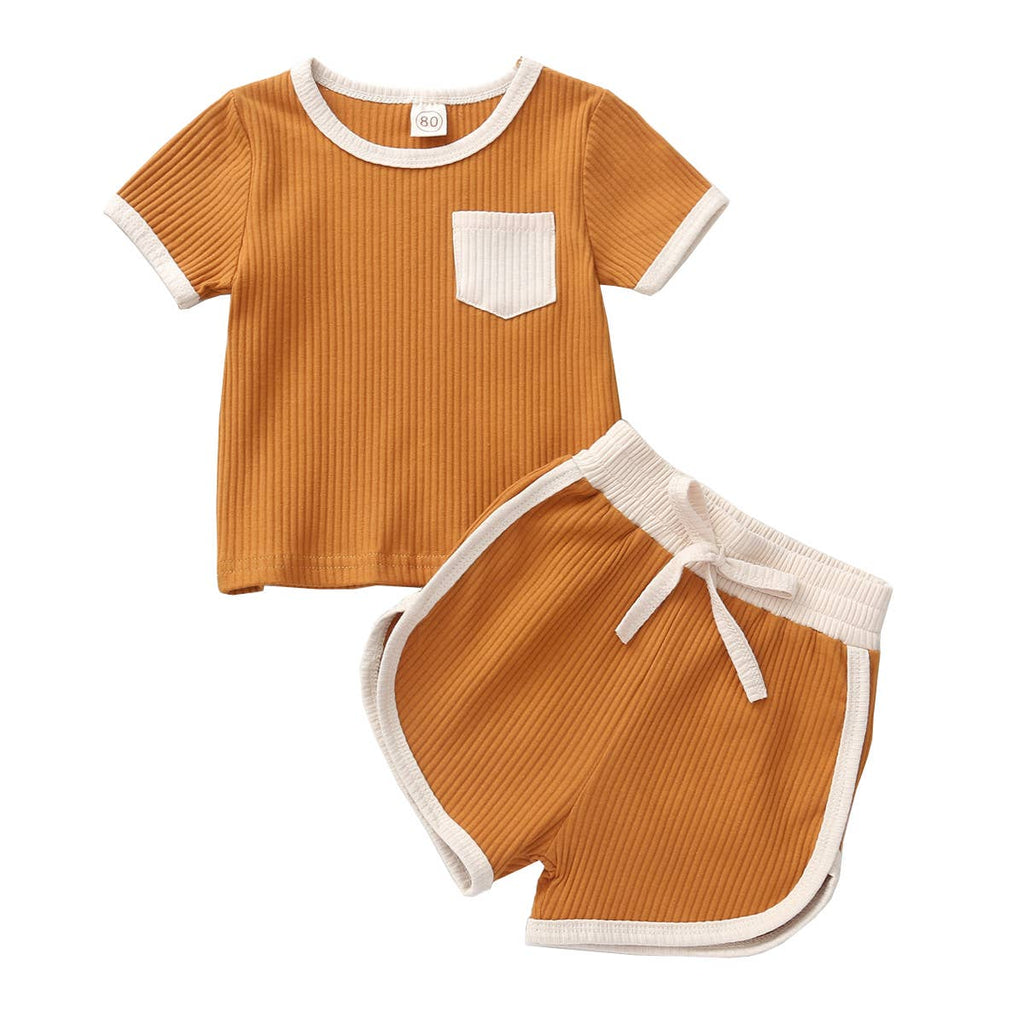 Contrast Binding Top & Shorts 2pcs Little Kid Outfit