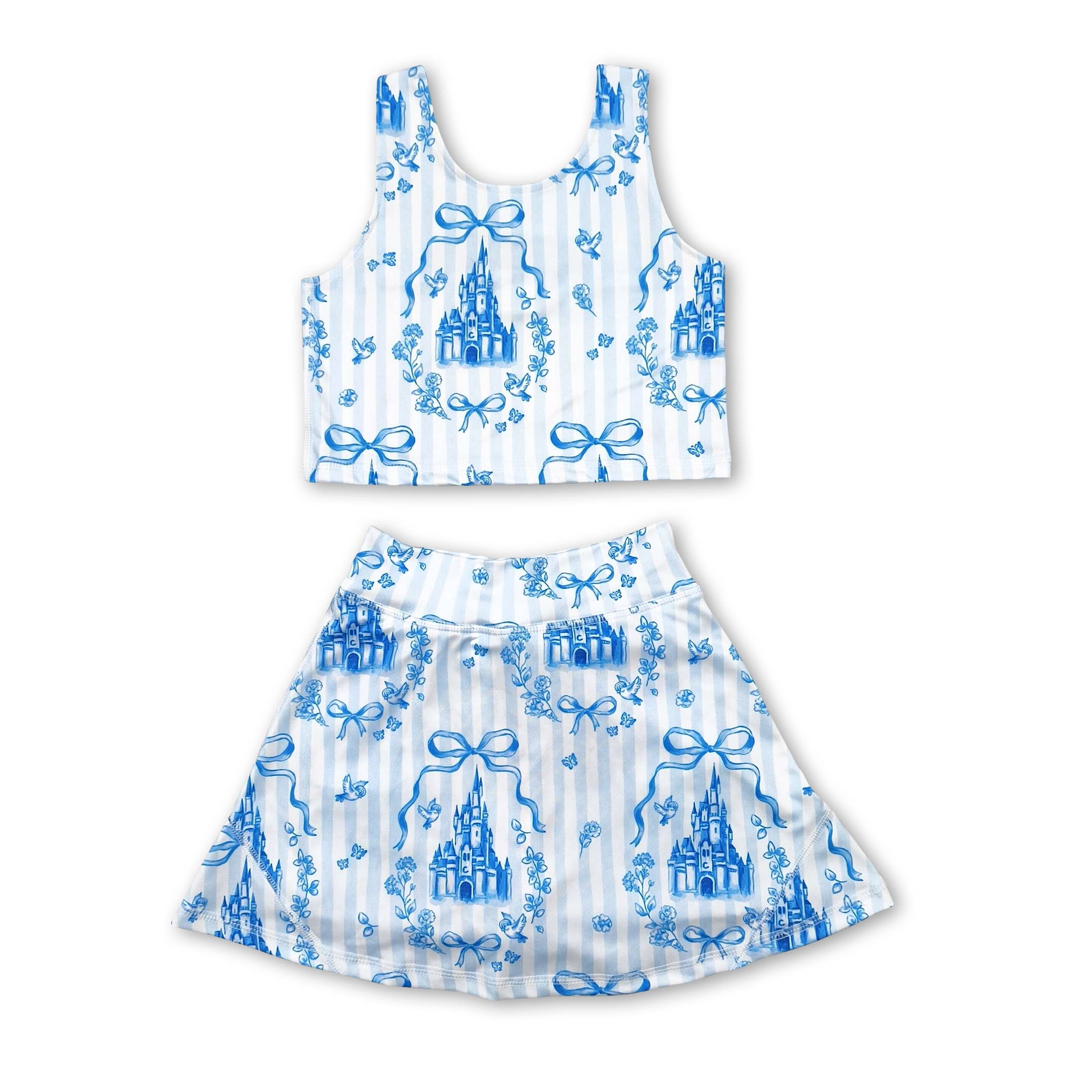 Sleeveless princess bow top skirt girls active wear set