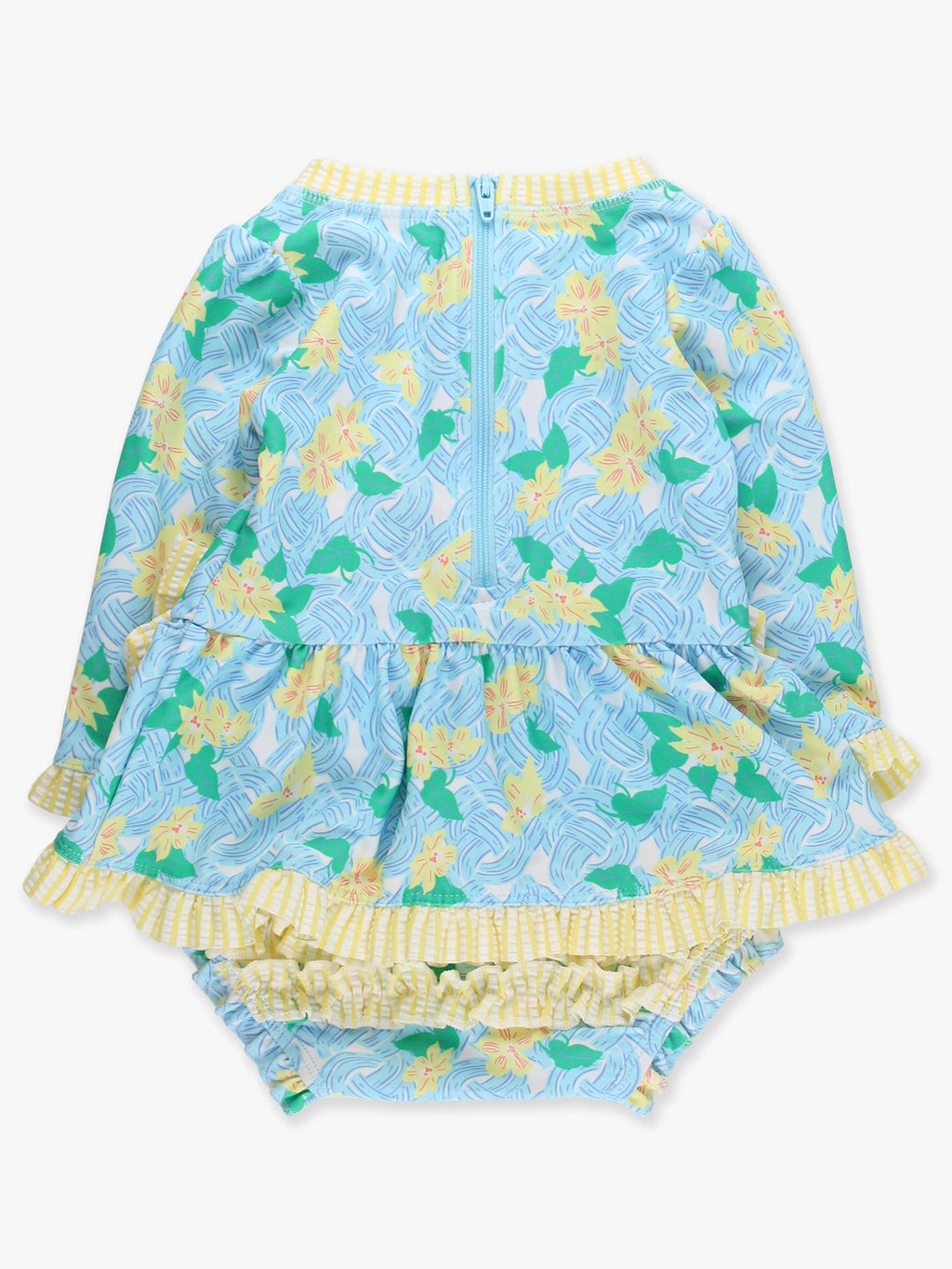Baby Girls Blooming Basket Long Sleeve One Piece Bow Peplum Rash Guard Swimsuit with Signature Rear Ruffles