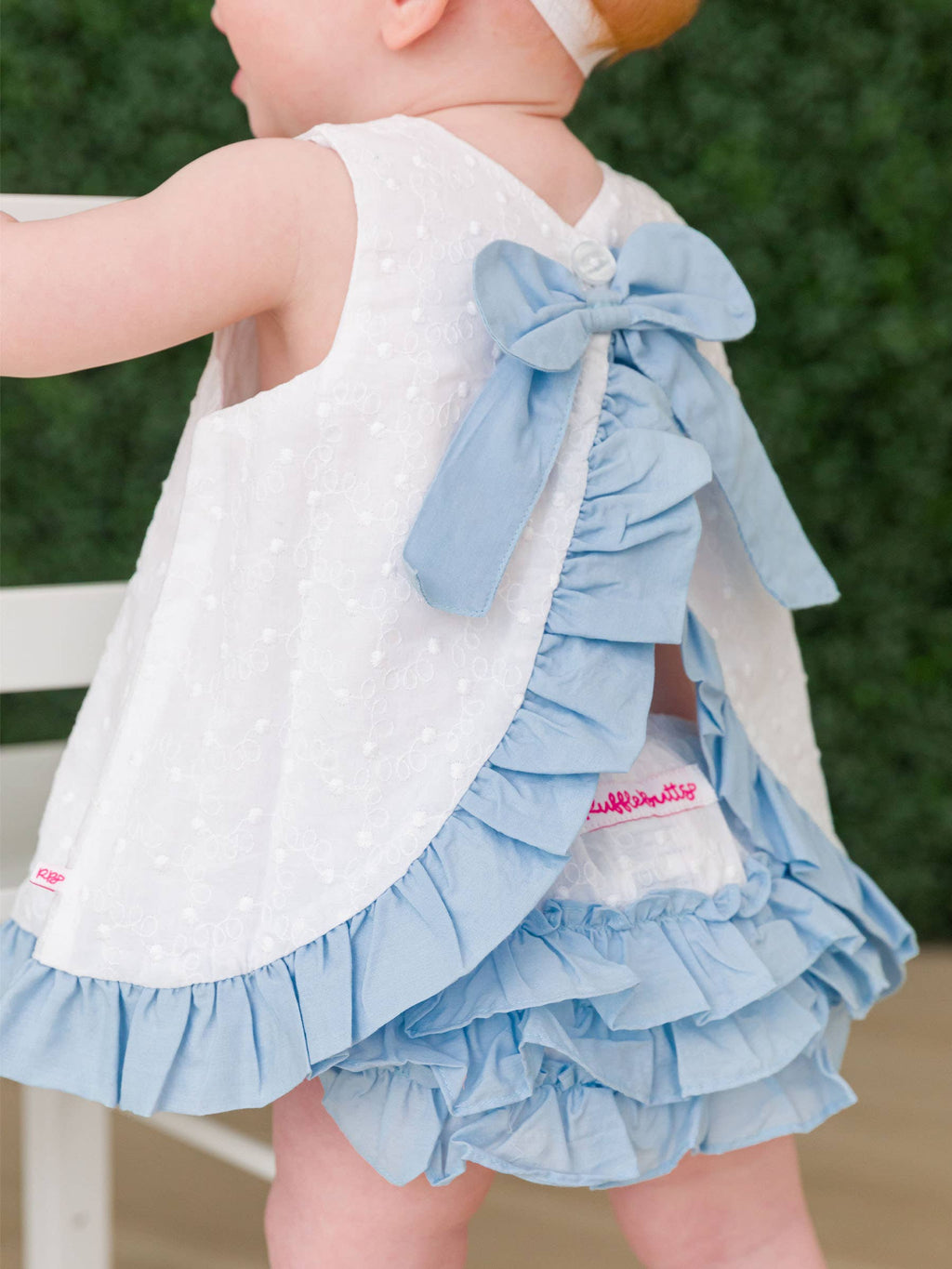Baby Girls White & Light Blue Swiss Dot Swing Top & Ruffle Bloomer Set