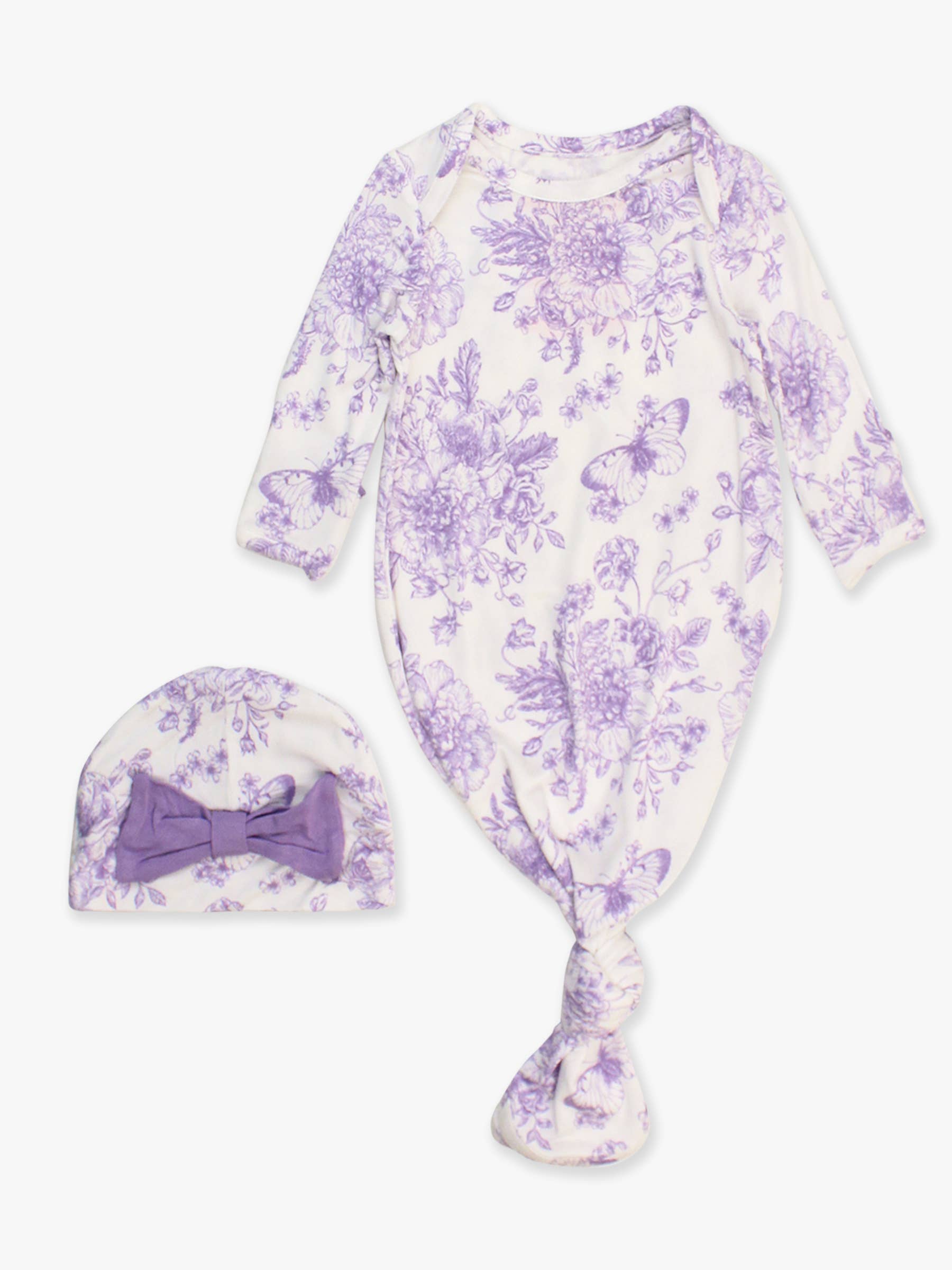 SoftSnooze™ Baby Girls Bamboo Viscose Wisteria Purple Butterfly Garden Toile Ruffle Knotted Sleep Gown & Bow Hat Set
