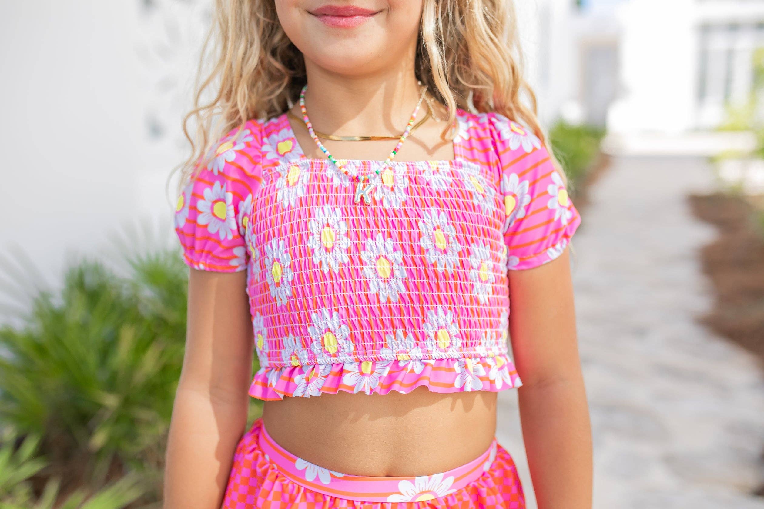 Girls Abby Pink Daisy Ruffle 2 Piece Summer Swimsuit