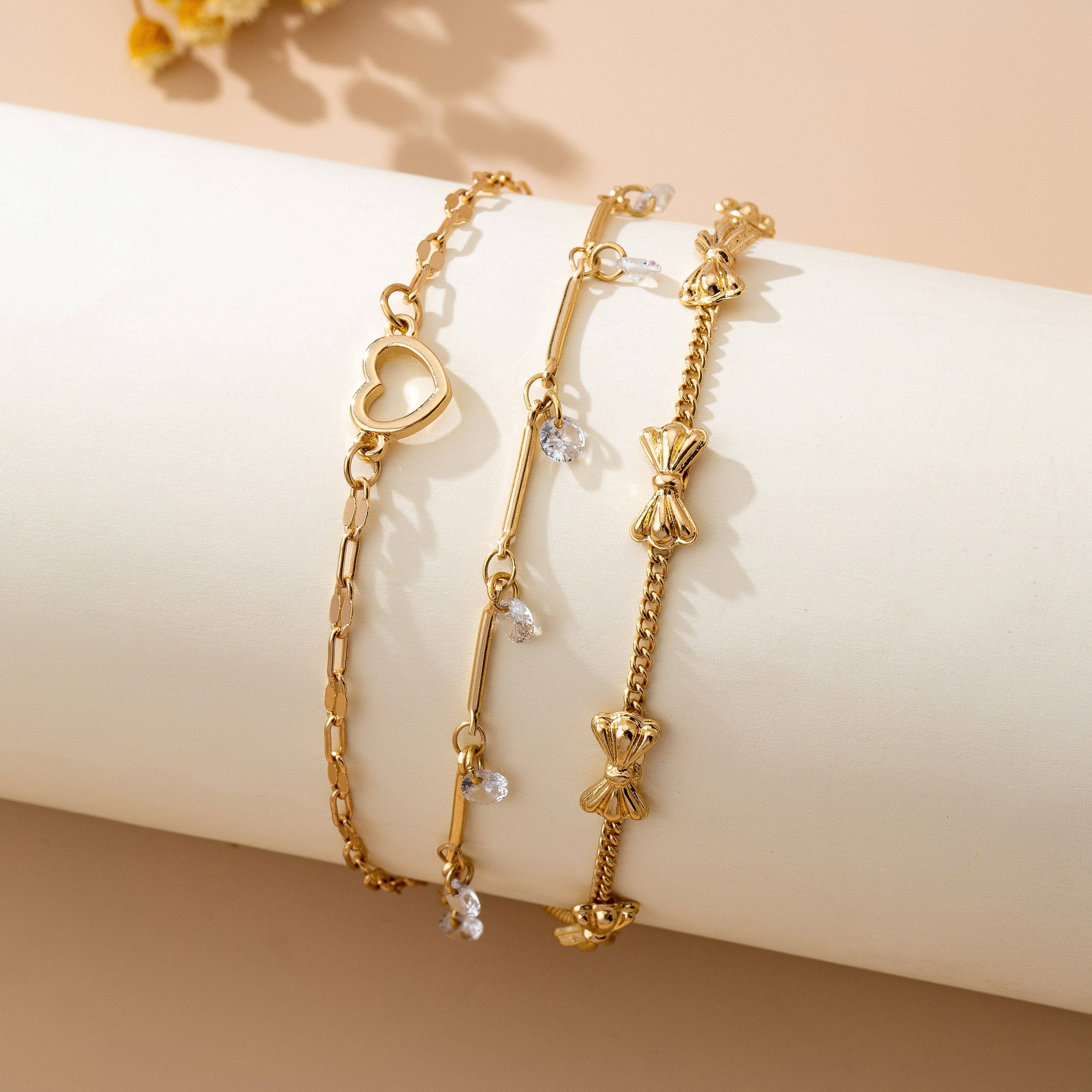 Crystal Drop Heart Bow Charm Multilayer Bracelet | 80B1594
