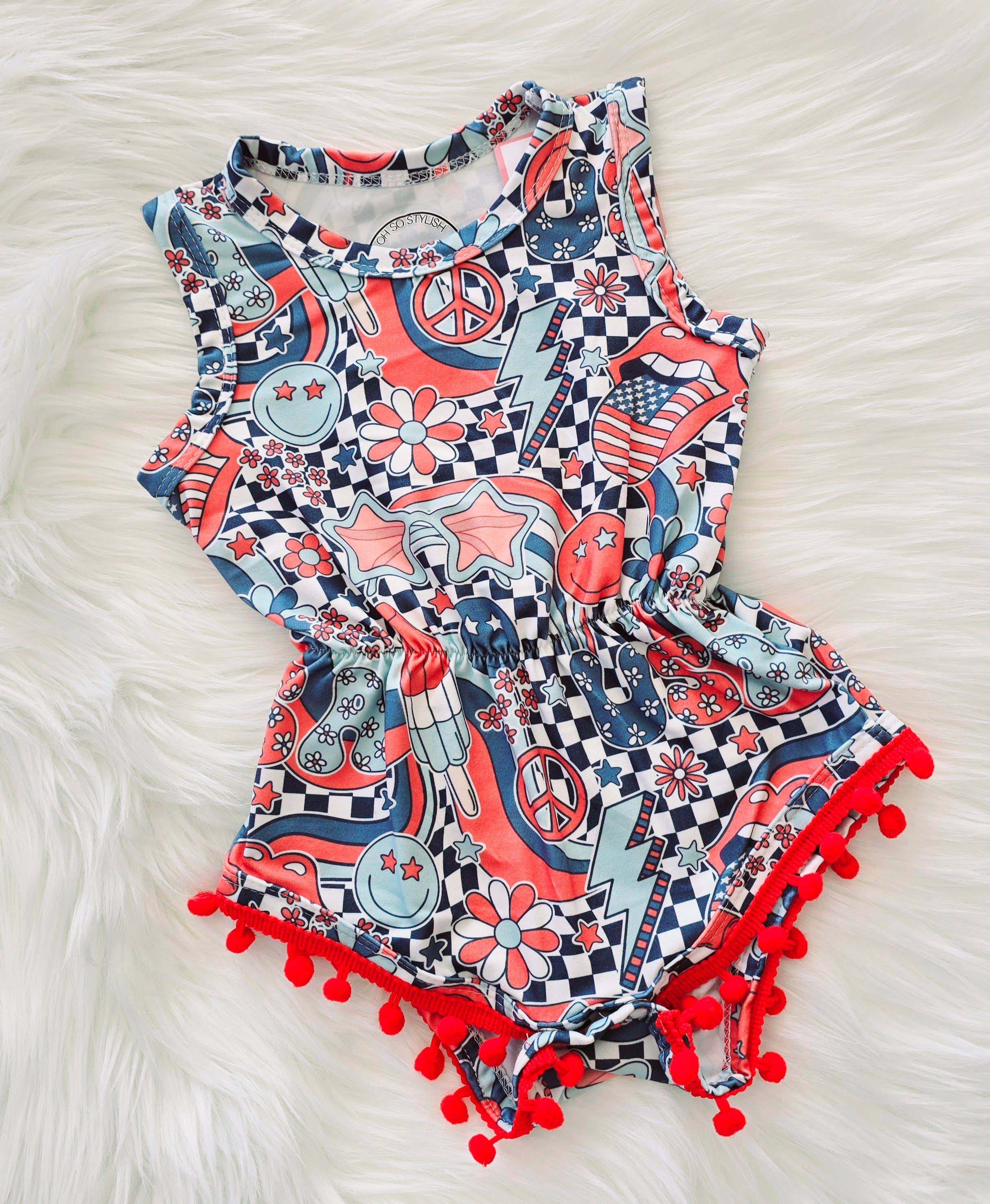 Baby Girls July 4th Groovy Pom Romper