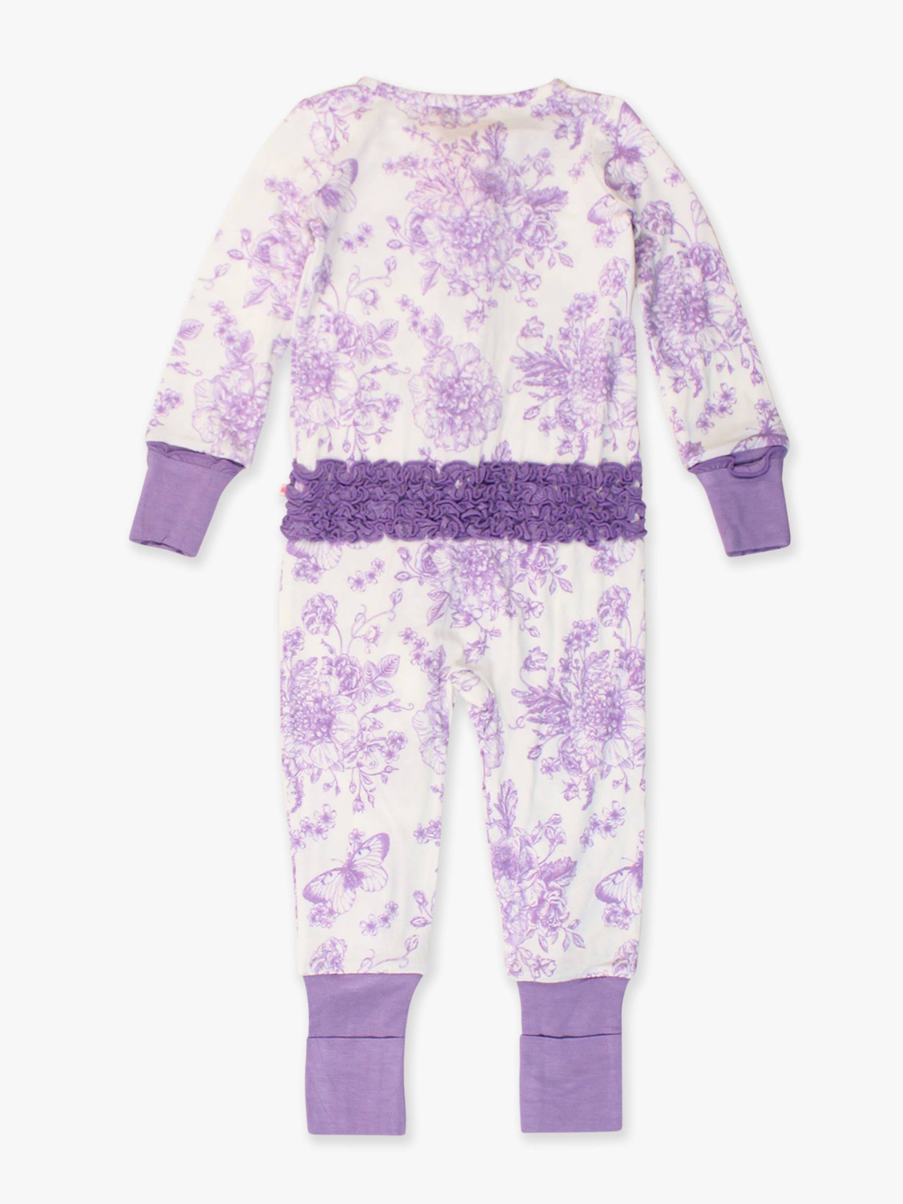 SoftSnooze™ Baby Girls Bamboo Viscose Wisteria Purple Butterfly Garden Toile Convertible Ruffle One Piece Footie Pajama