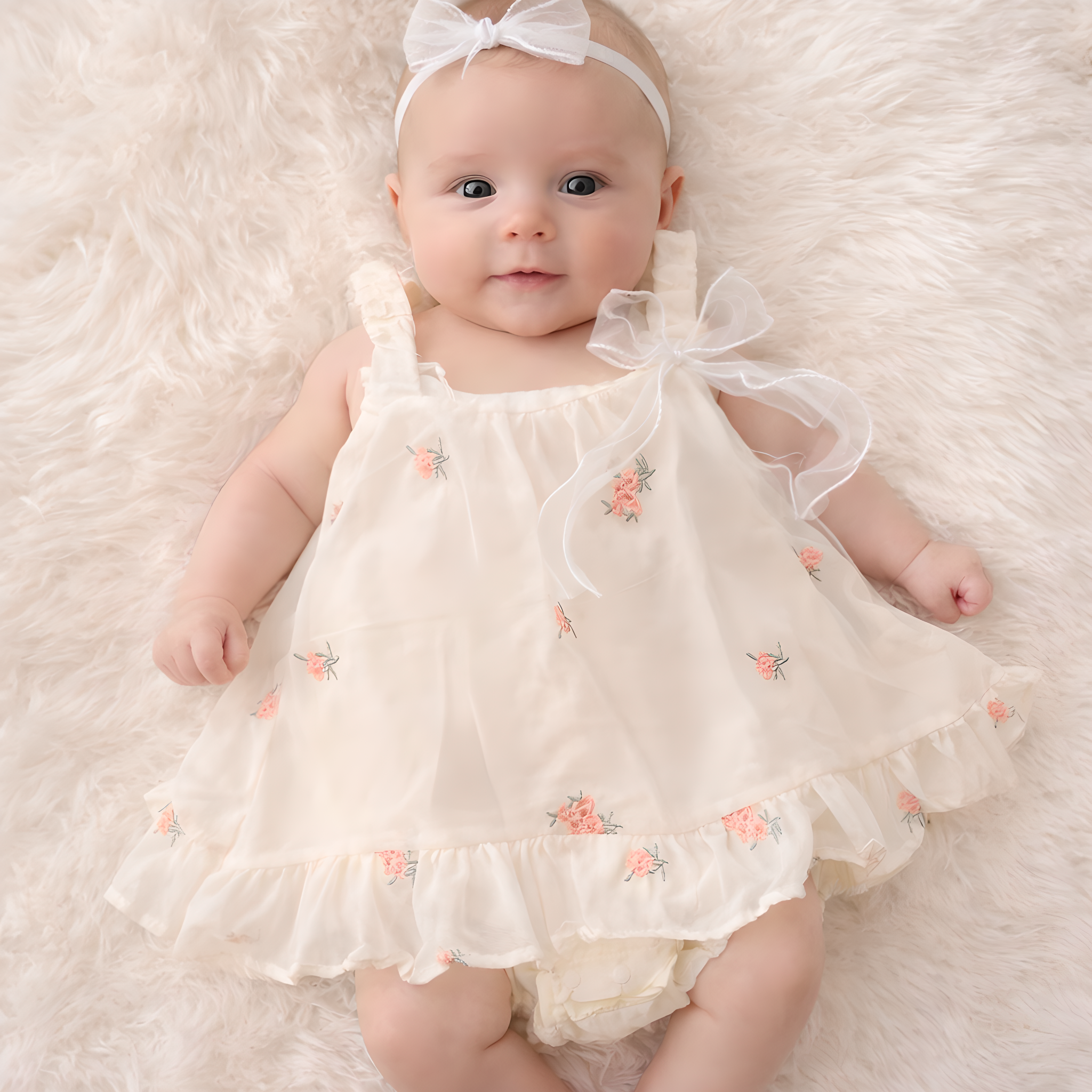 Baby Girls Birthday Ivory Dress with Peach Embroider Flowers