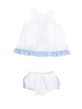 Baby Girls White & Light Blue Swiss Dot Swing Top & Ruffle Bloomer Set