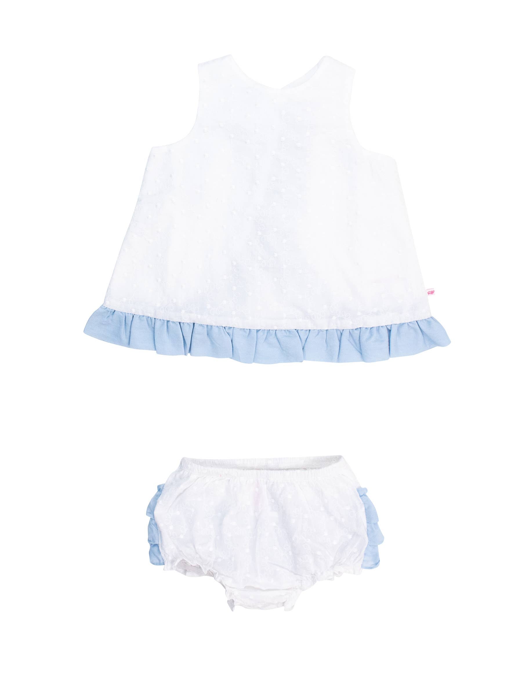 Baby Girls White & Light Blue Swiss Dot Swing Top & Ruffle Bloomer Set