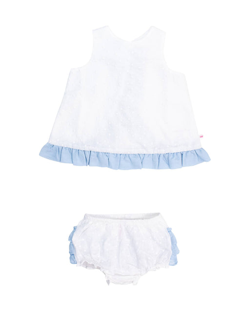 Baby Girls White & Light Blue Swiss Dot Swing Top & Ruffle Bloomer Set