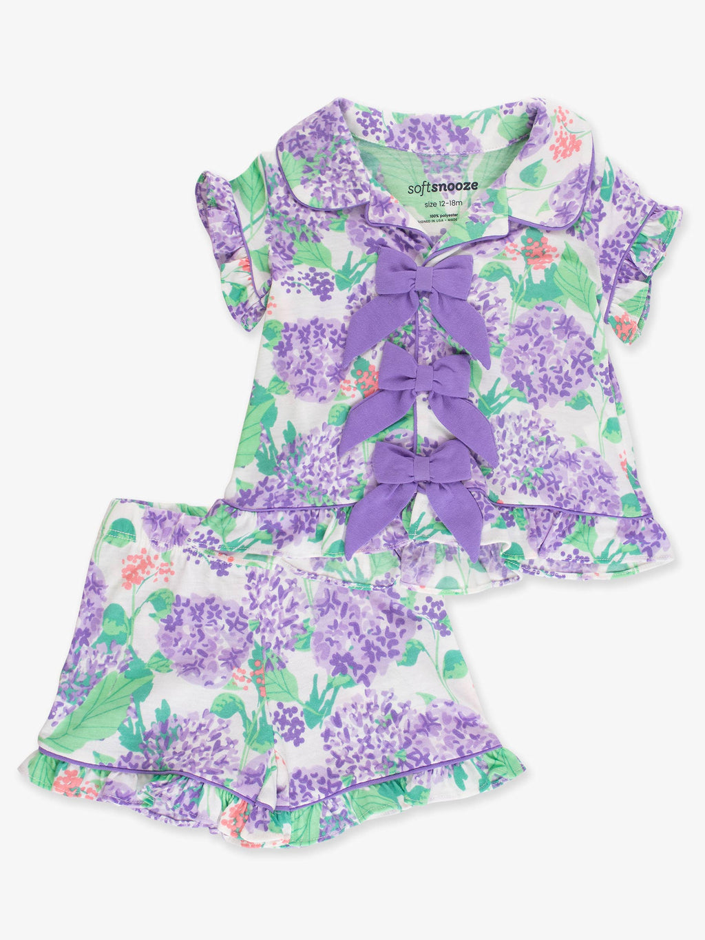 SoftSnooze™ Girls Purple Hydrangea Garden Short Sleeve Bow Ruffle Pajama Set