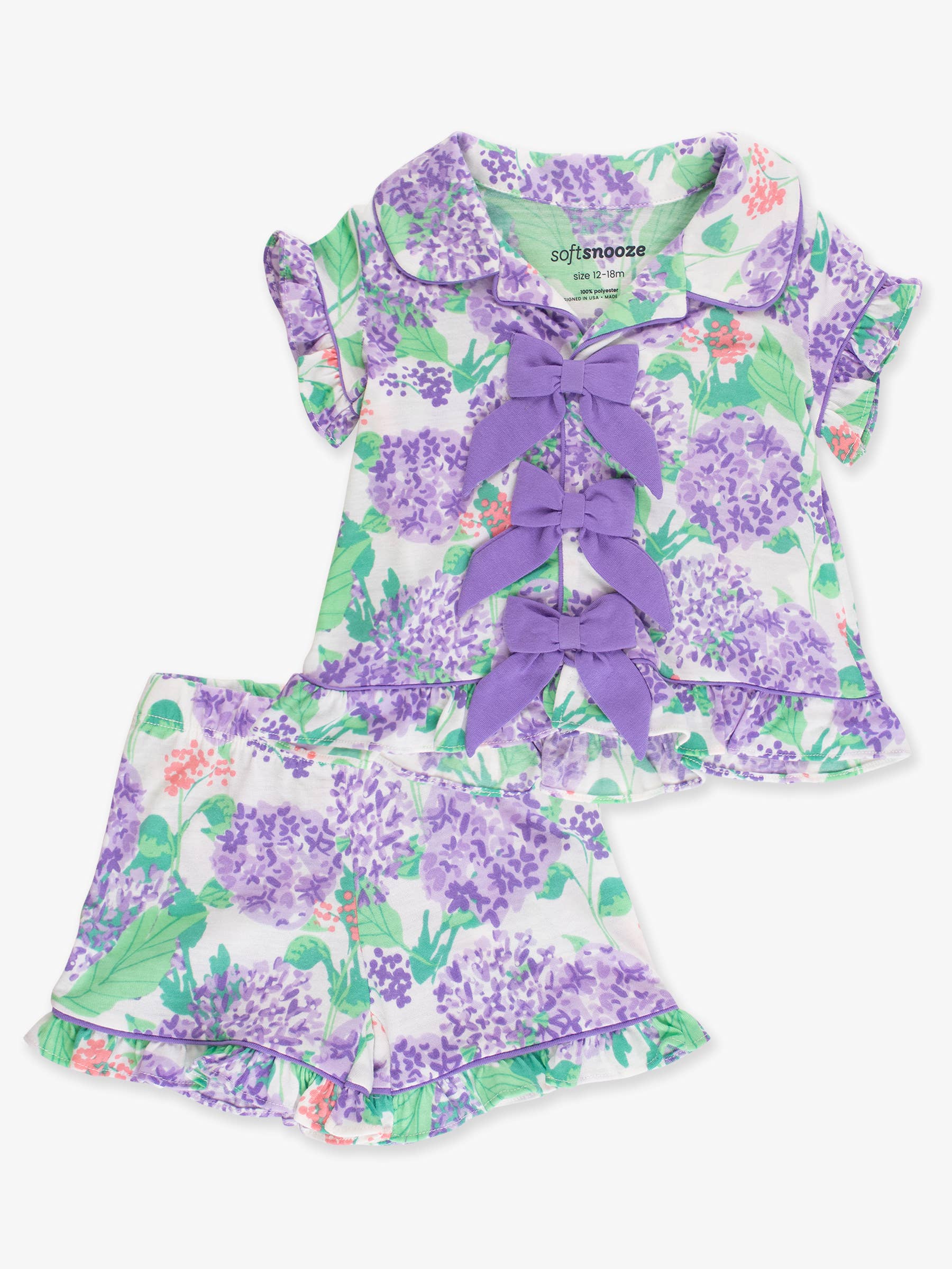 SoftSnooze™ Girls Purple Hydrangea Garden Short Sleeve Bow Ruffle Pajama Set