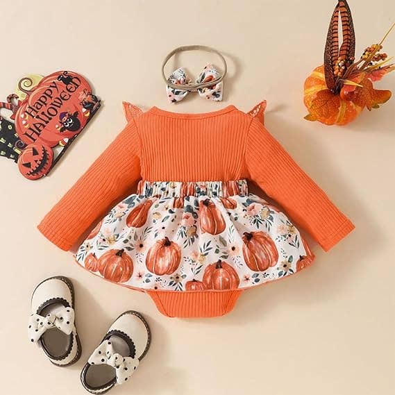 Orange Fall Pumpkin Baby Romper Dress & Headband