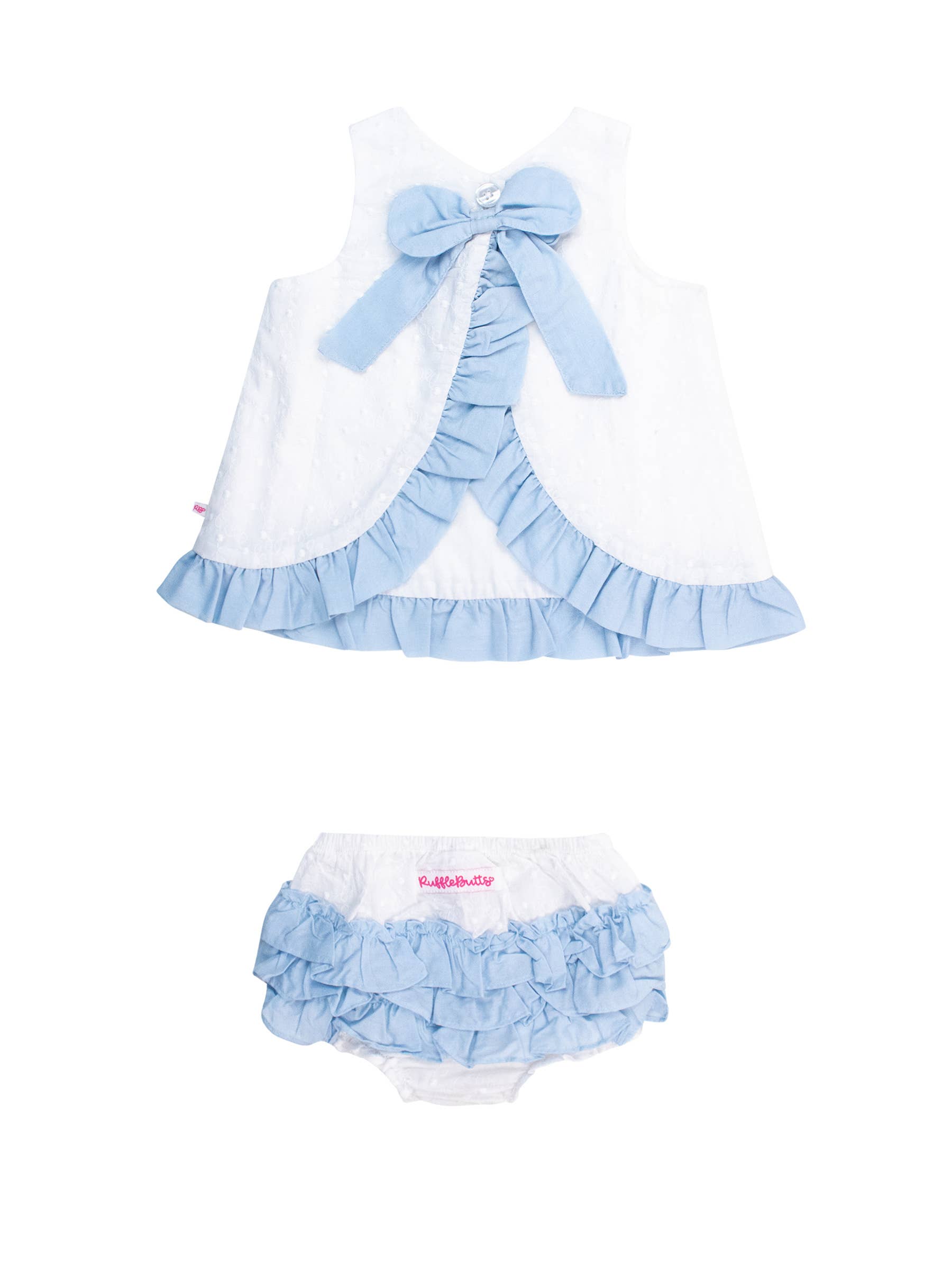 Baby Girls White & Light Blue Swiss Dot Swing Top & Ruffle Bloomer Set