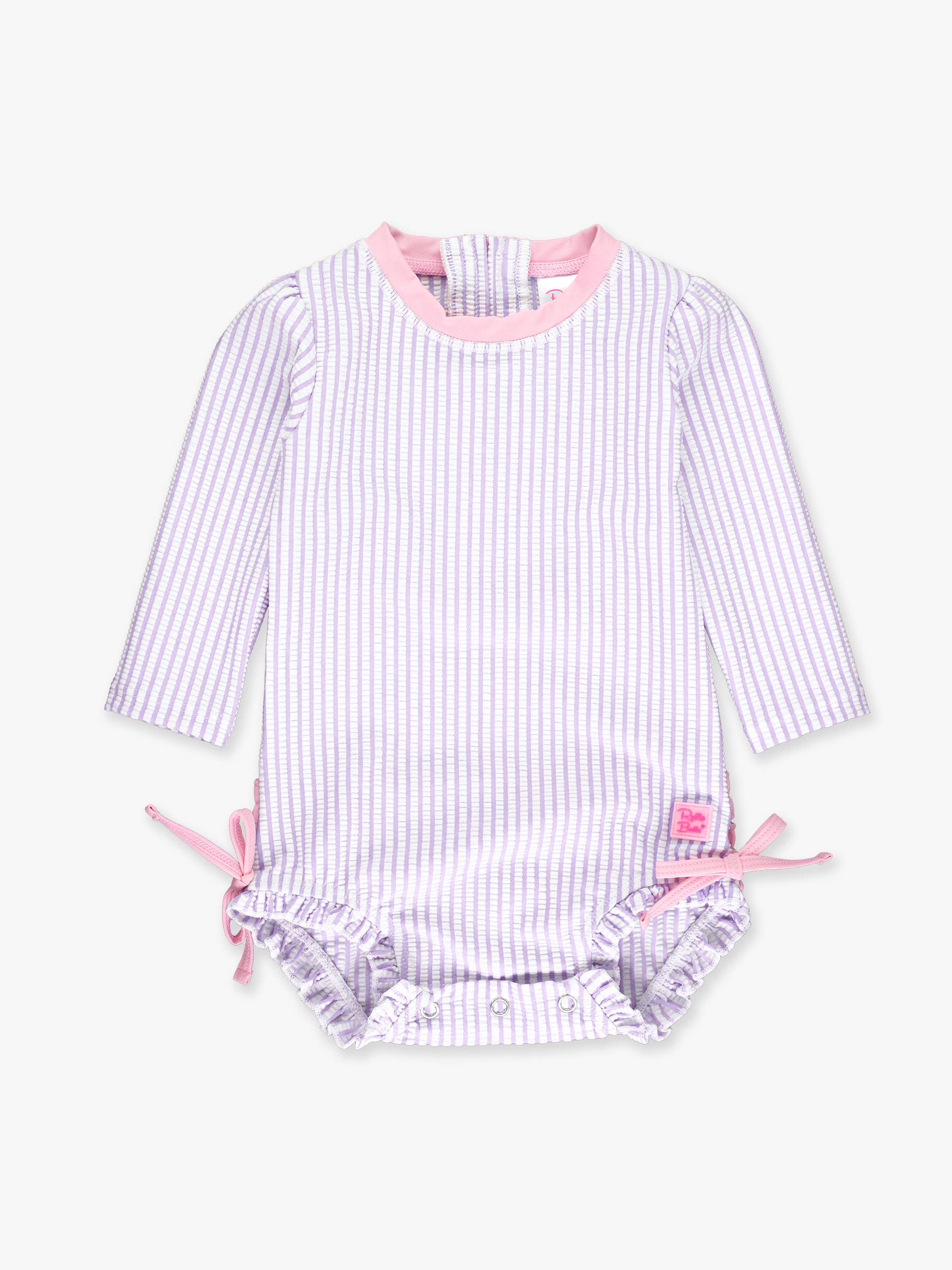 Baby Girls Lavender Seersucker Long Sleeve One Piece Rash Guard Swimsuit with Signature Rear Ruffles
