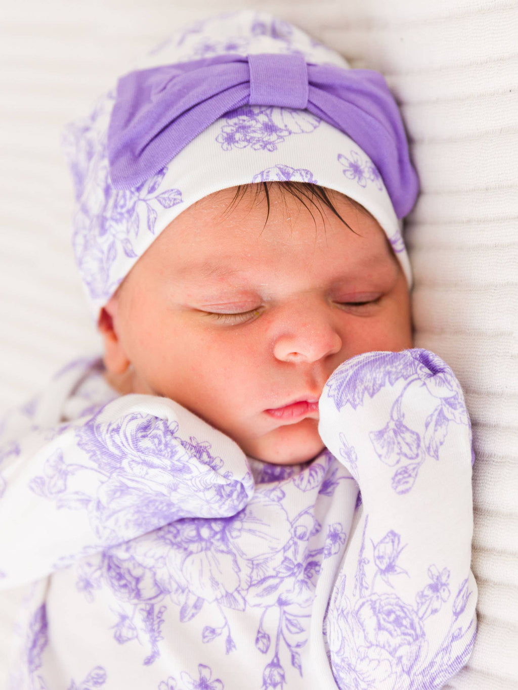 SoftSnooze™ Baby Girls Bamboo Viscose Wisteria Purple Butterfly Garden Toile Ruffle Knotted Sleep Gown & Bow Hat Set