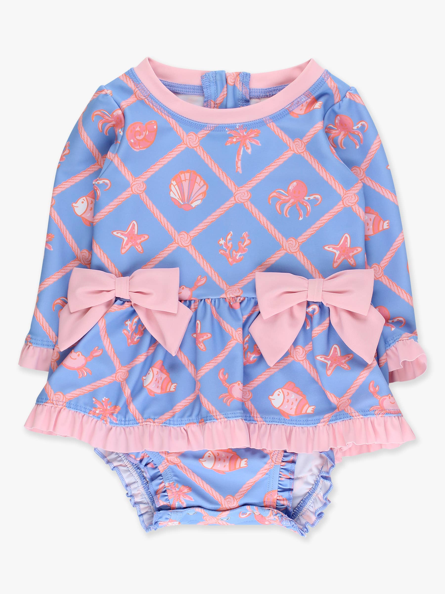 Baby Girls Tropical Trellis Long Sleeve One Piece Bow Peplum Rash Guard Swimsuit with Signature Rear Ruffles