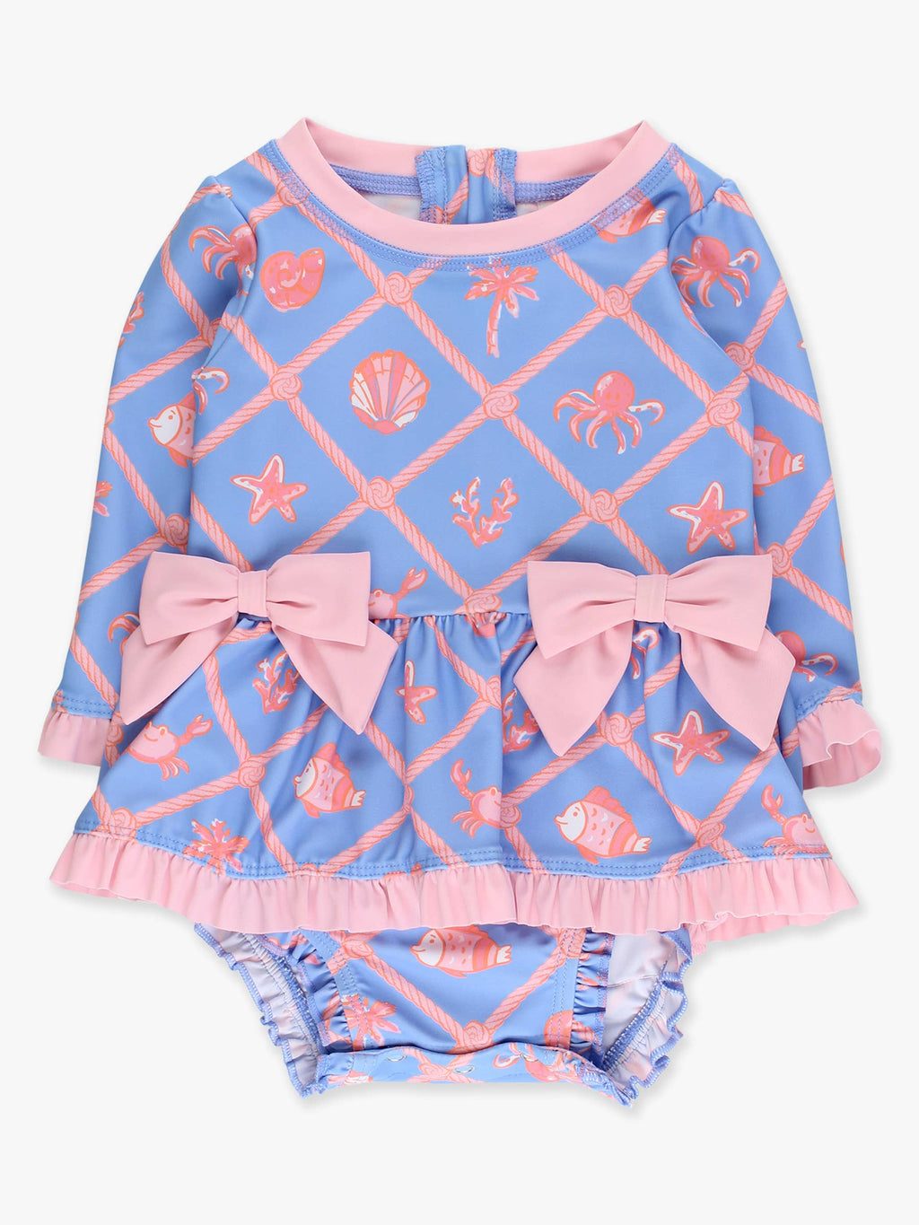 Baby Girls Tropical Trellis Long Sleeve One Piece Bow Peplum Rash Guard Swimsuit with Signature Rear Ruffles