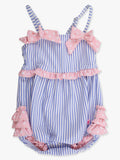 Baby Girls Periwinkle Blue Seersucker One Piece Bow Bubble Romper Swimsuit with Signature Rear Ruffles