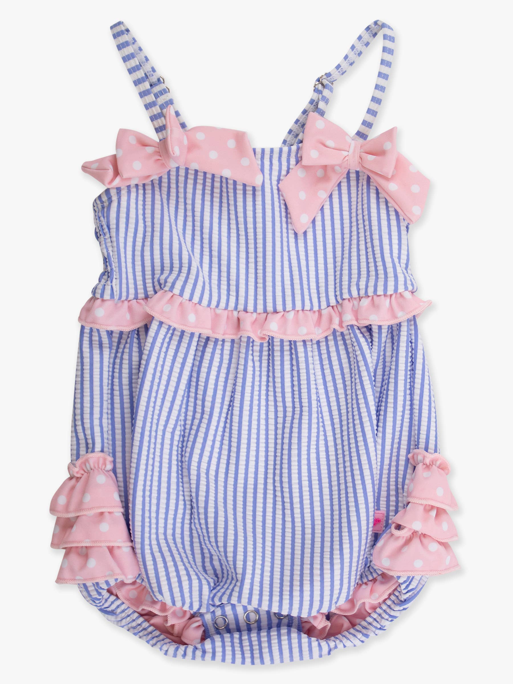 Baby Girls Periwinkle Blue Seersucker One Piece Bow Bubble Romper Swimsuit with Signature Rear Ruffles