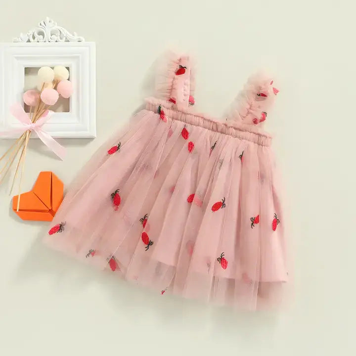 Pink Embroidered Pineapple Mesh Tulle Girl Dress