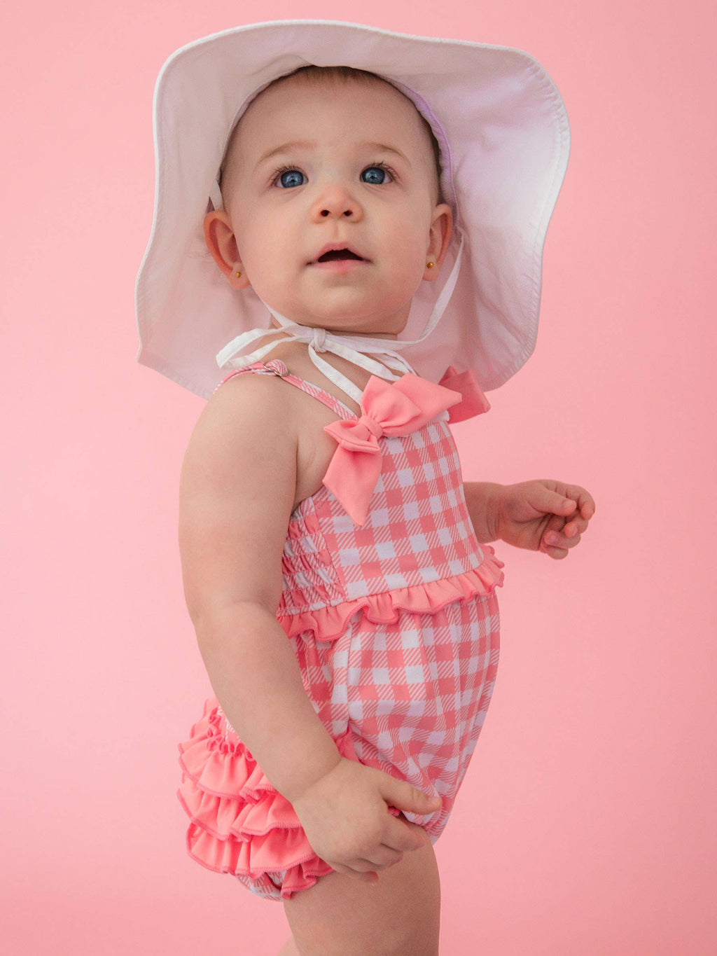 Baby Girls Bubblegum Gingham One Piece Bow Bubble Romper Swimsuit with Signature Rear Ruffles