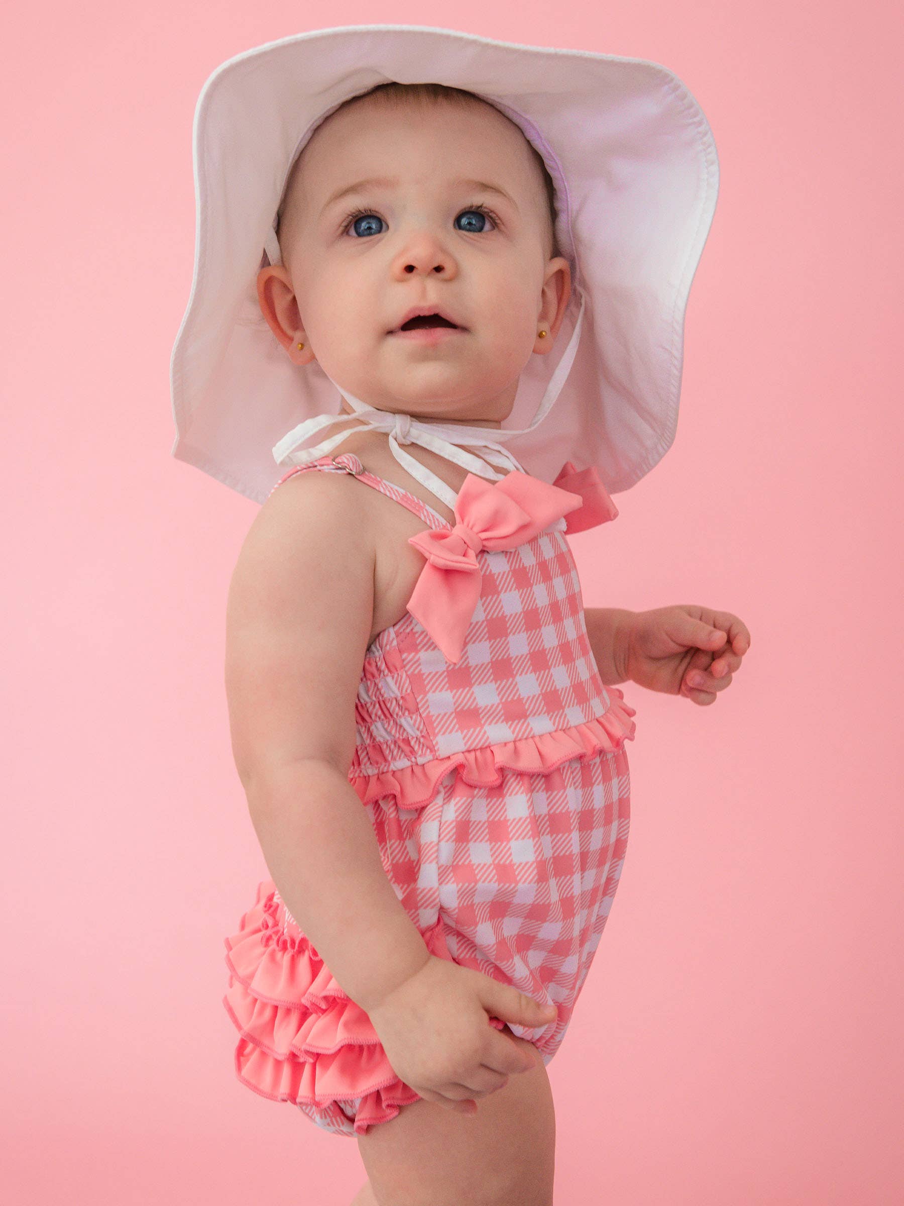 Baby Girls Bubblegum Gingham One Piece Bow Bubble Romper Swimsuit with Signature Rear Ruffles