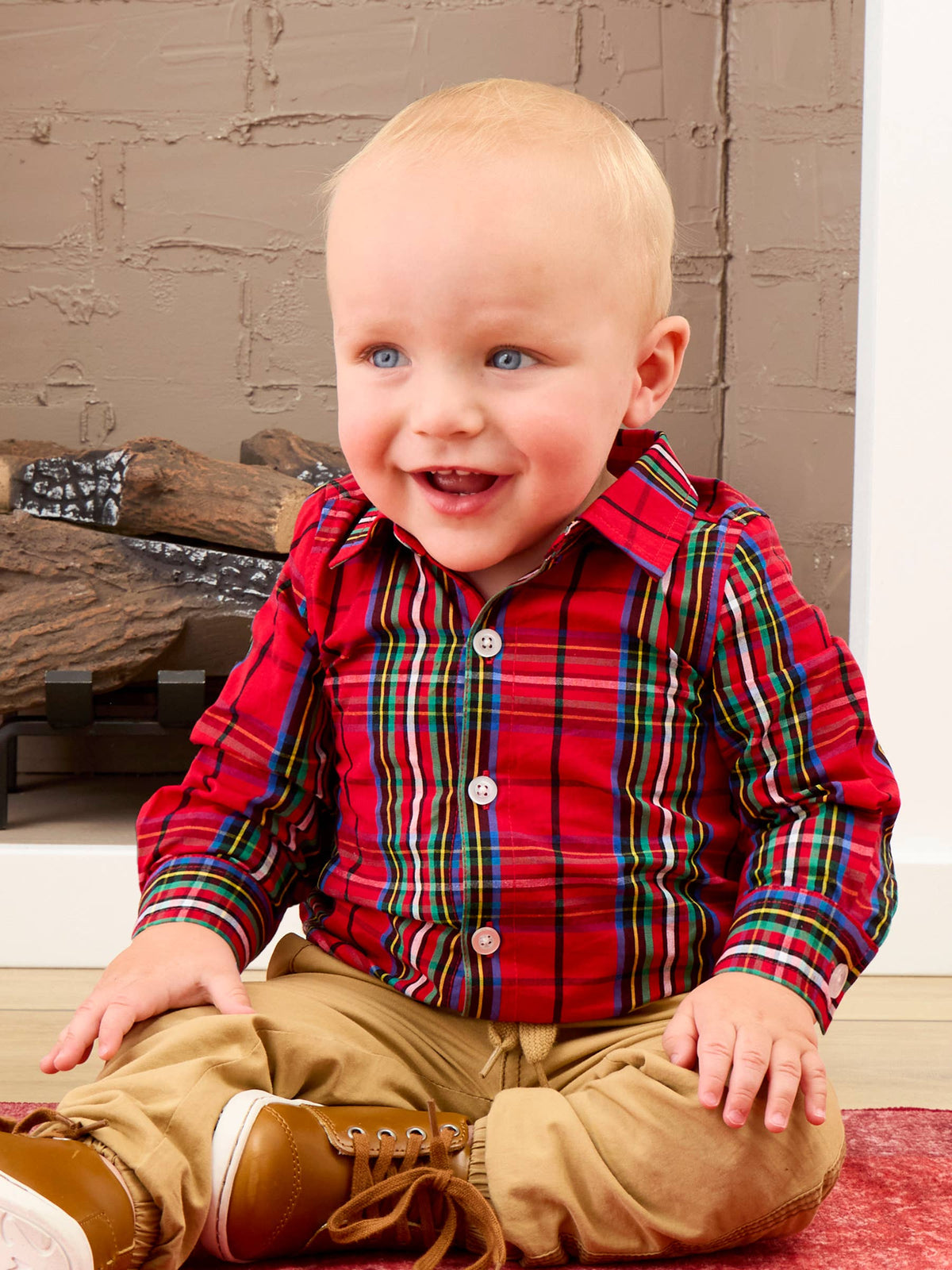 Baby Boys Red Nicholas Plaid Long Sleeve Button Down Bodysuit