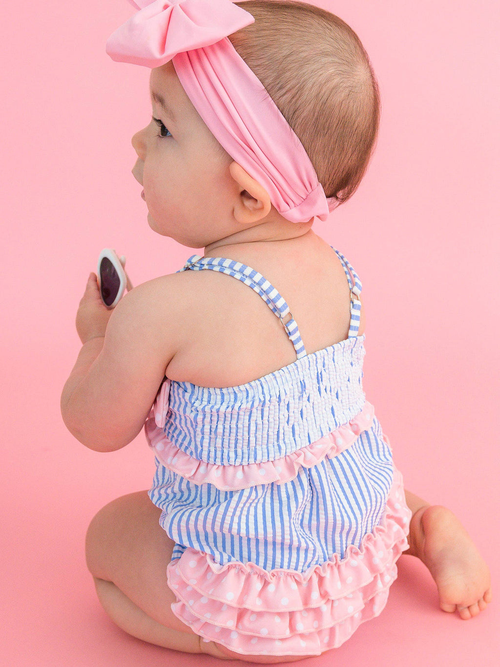 Baby Girls Periwinkle Blue Seersucker One Piece Bow Bubble Romper Swimsuit with Signature Rear Ruffles