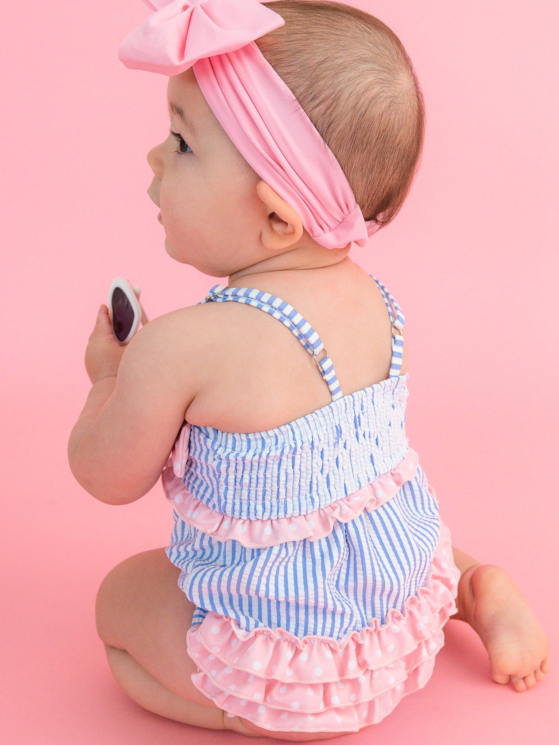 Baby Girls Periwinkle Blue Seersucker One Piece Bow Bubble Romper Swimsuit with Signature Rear Ruffles