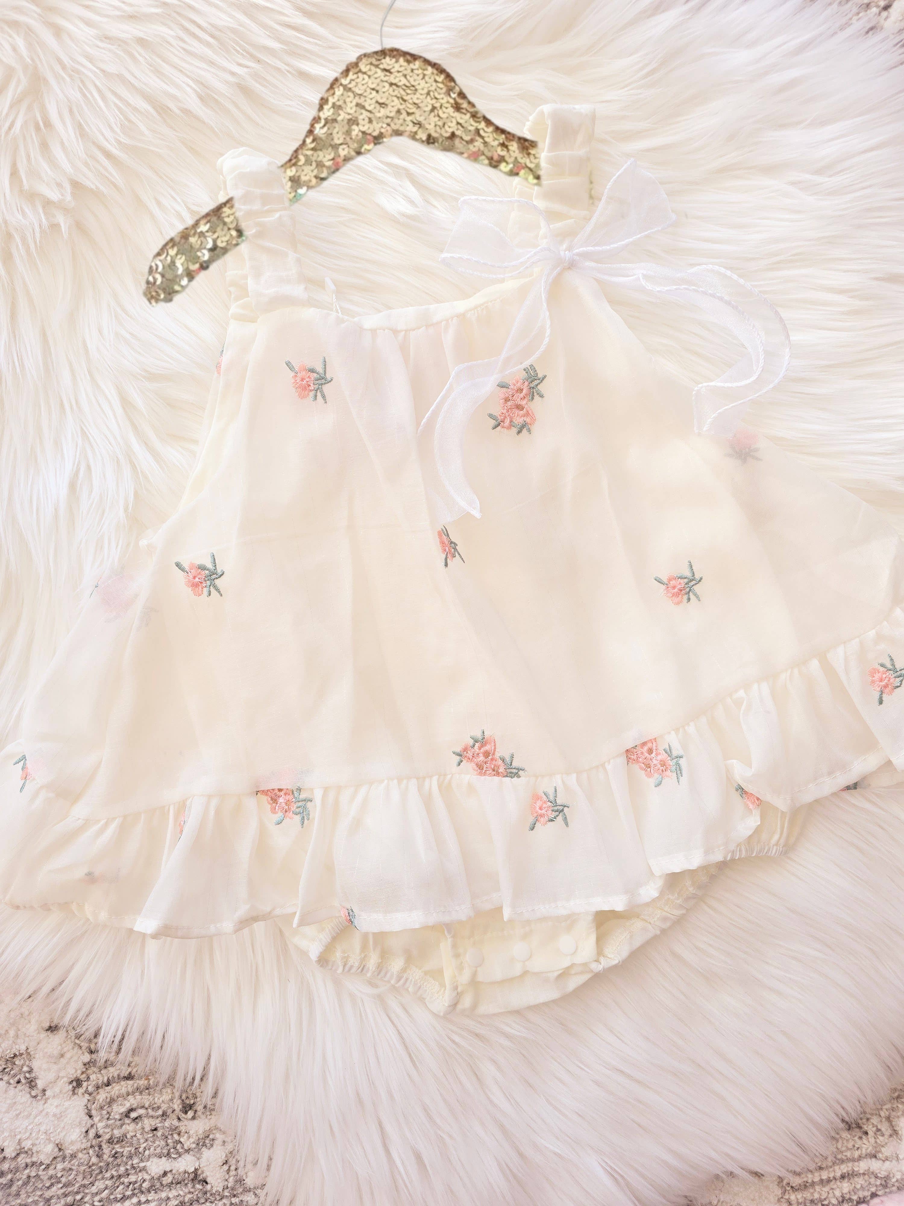 Baby Girls Birthday Ivory Dress with Peach Embroider Flowers
