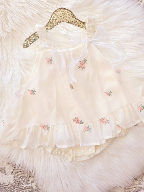 Baby Girls Birthday Ivory Dress with Peach Embroider Flowers