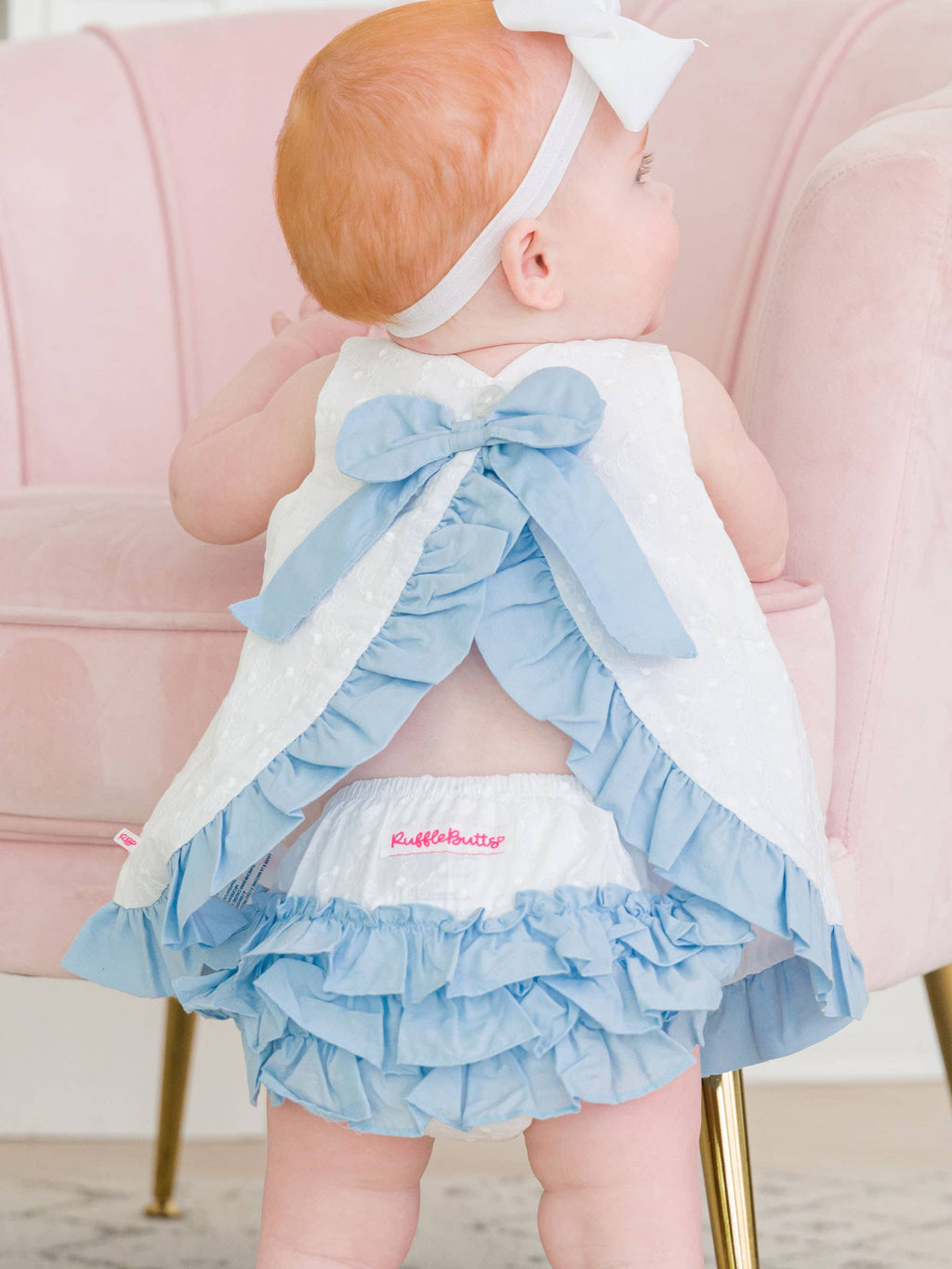 Baby Girls White & Light Blue Swiss Dot Swing Top & Ruffle Bloomer Set
