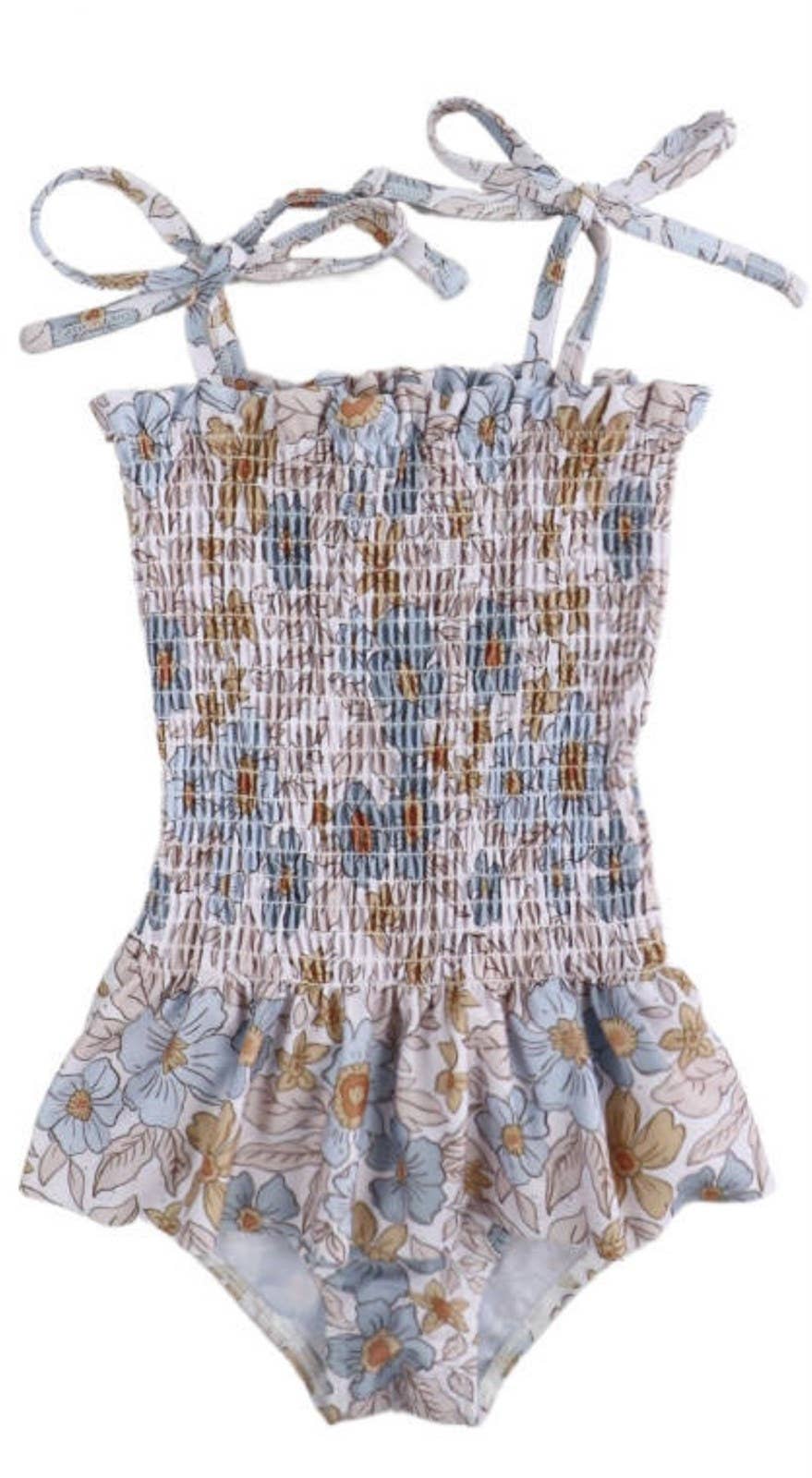 Girl  Swimsuits - Blue & Tan Floral - 1Pc