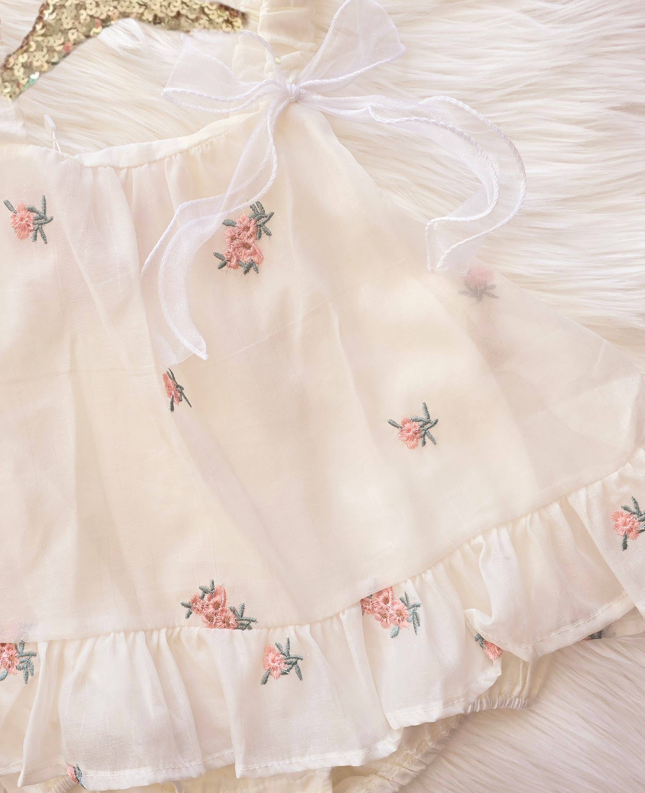 Baby Girls Birthday Ivory Dress with Peach Embroider Flowers