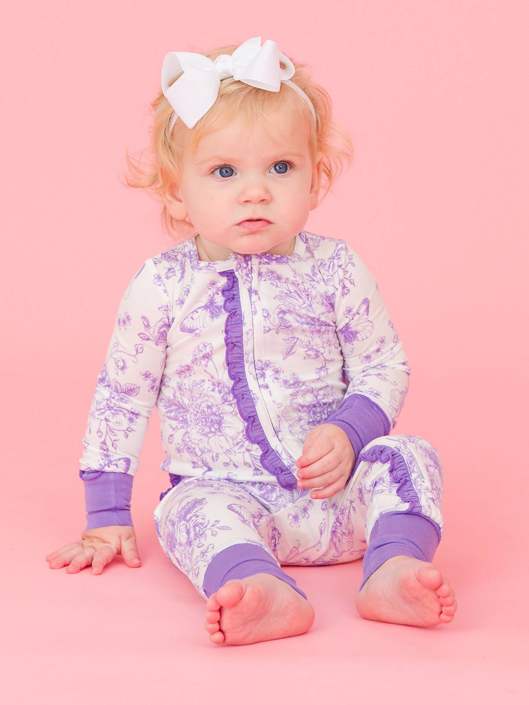 SoftSnooze™ Baby Girls Bamboo Viscose Wisteria Purple Butterfly Garden Toile Convertible Ruffle One Piece Footie Pajama