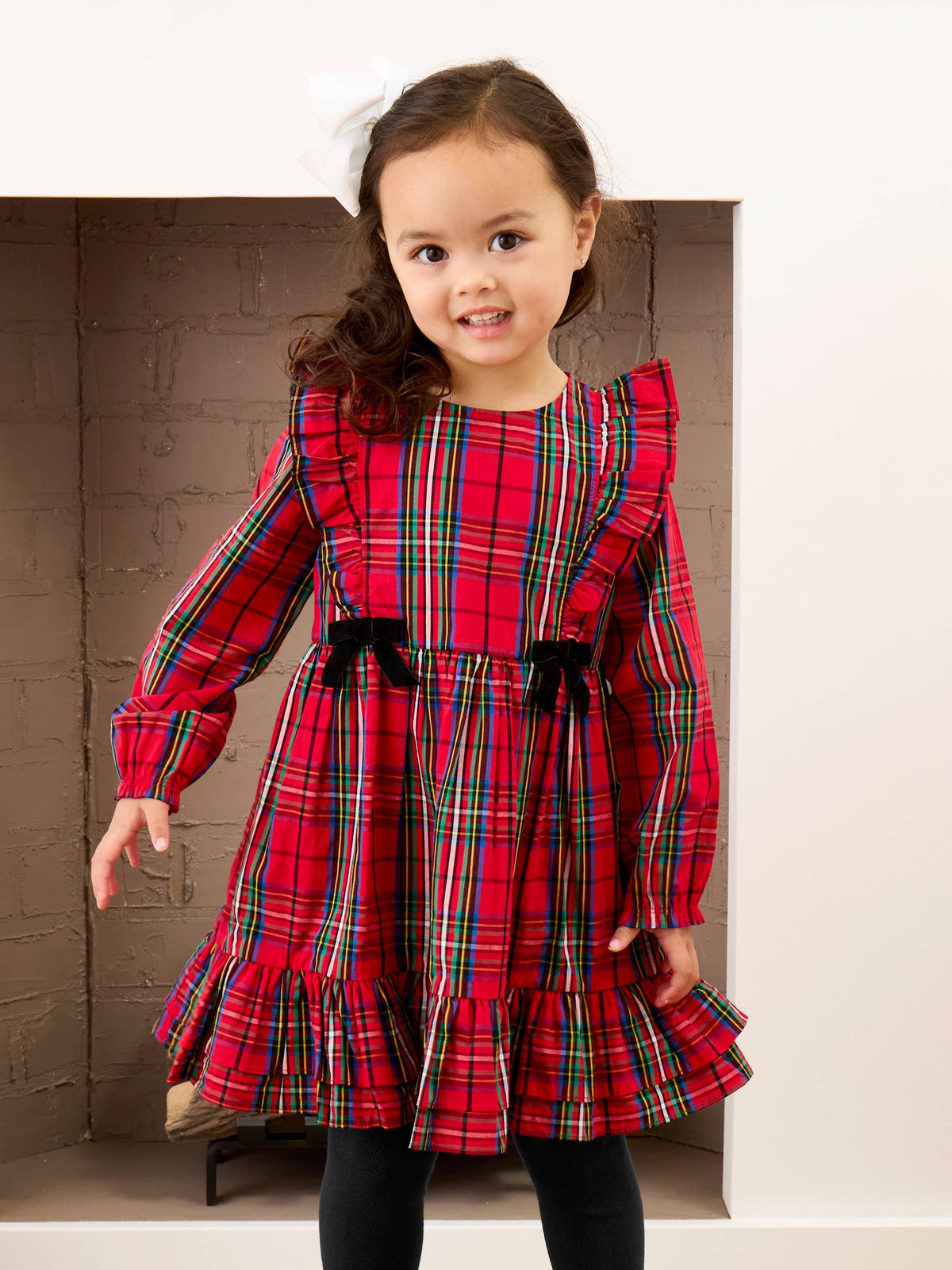 Girls Red Nicholas Plaid Woven Long Sleeve Waterfall Bow Dress