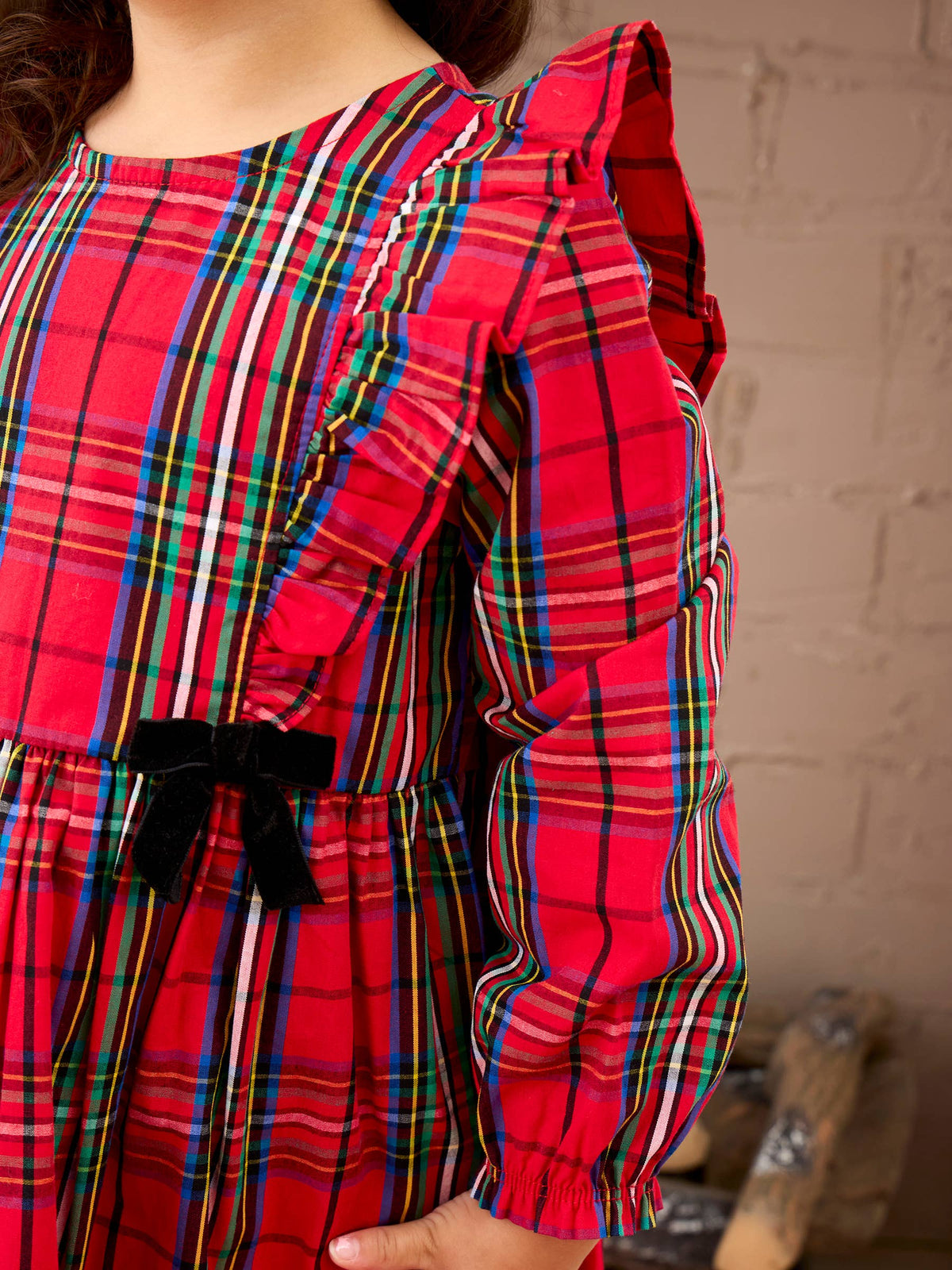 Girls Red Nicholas Plaid Woven Long Sleeve Waterfall Bow Dress