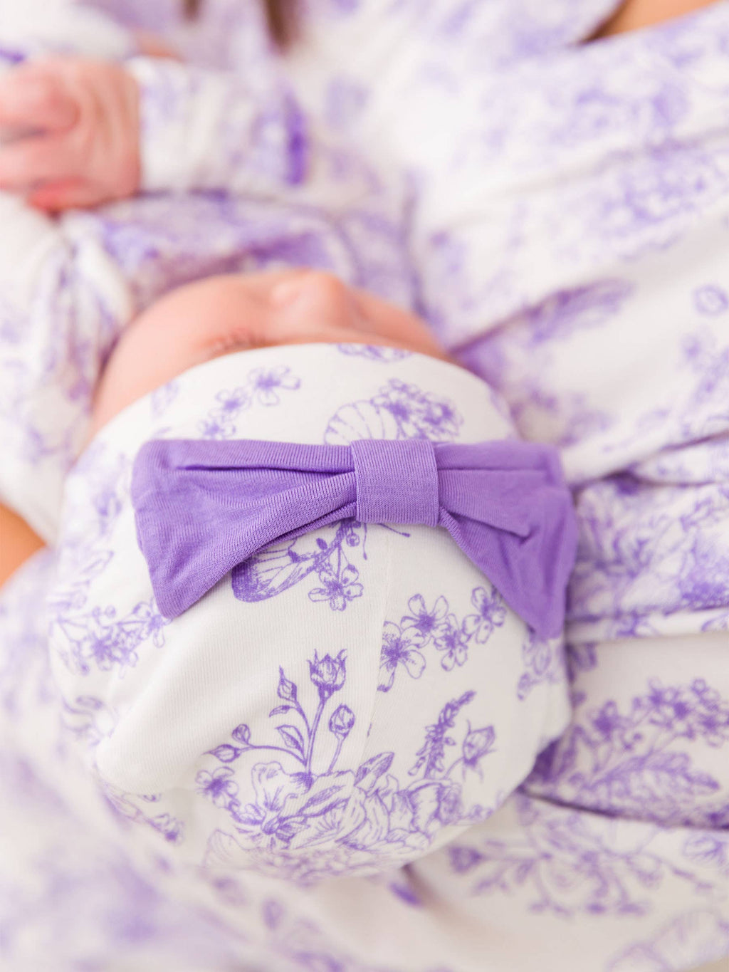 SoftSnooze™ Baby Girls Bamboo Viscose Wisteria Purple Butterfly Garden Toile Ruffle Knotted Sleep Gown & Bow Hat Set