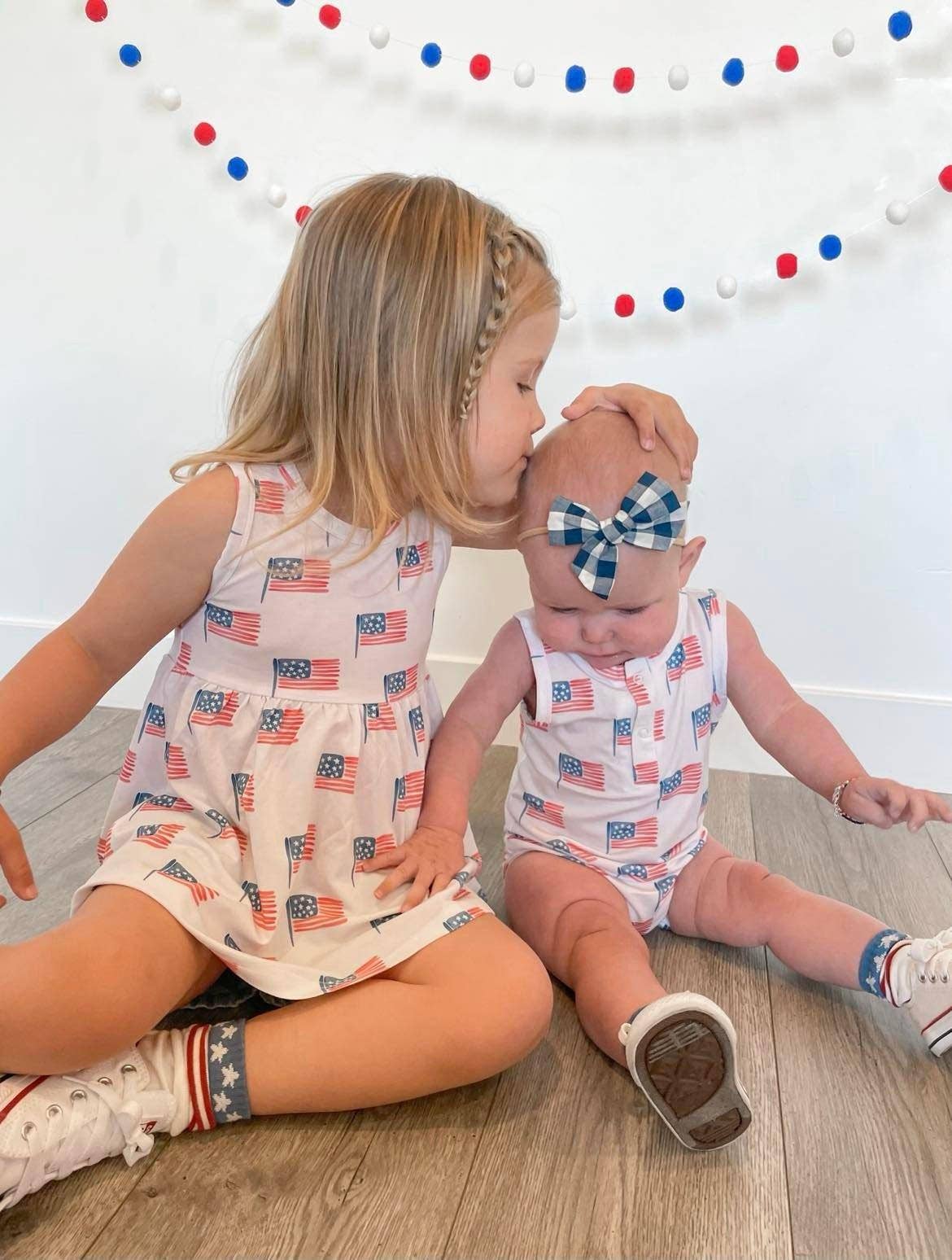 Flag Print Bamboo Peplum Top Bike Shorts 4th of July Girl
