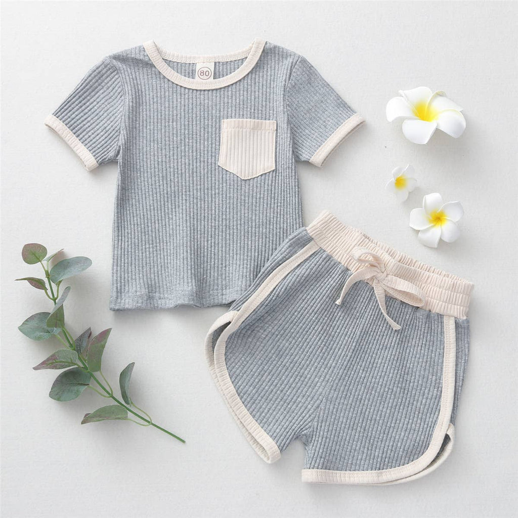 Contrast Binding Top & Shorts 2pcs Little Kid Outfit